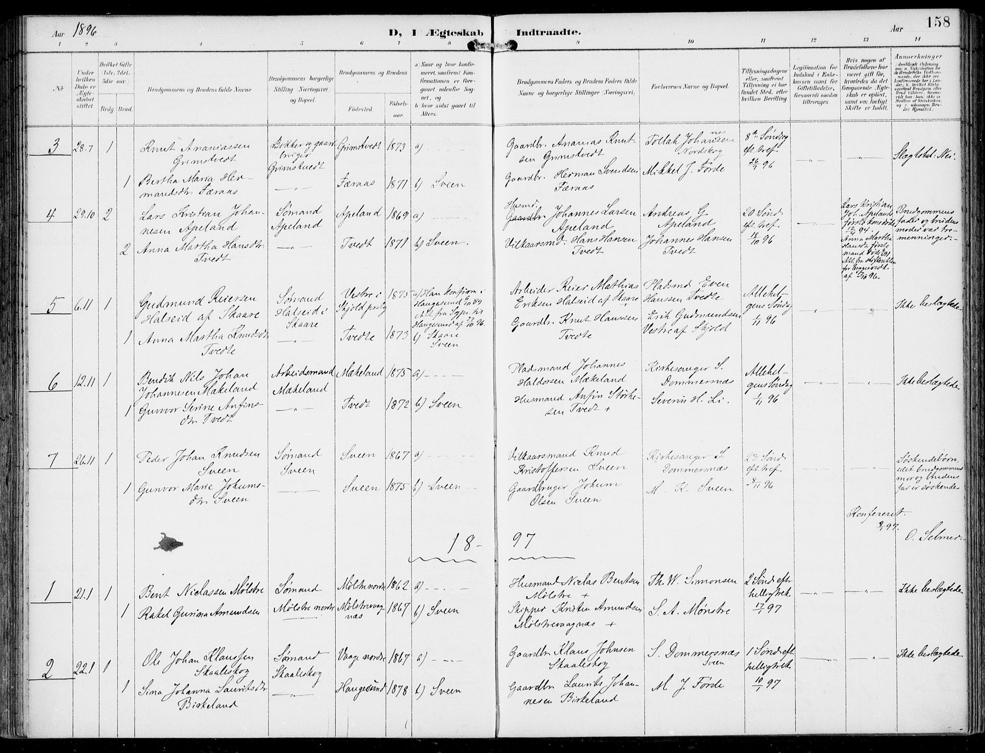 Sveio Sokneprestembete, AV/SAB-A-78501/H/Haa: Parish register (official) no. B  3, 1894-1906, p. 158