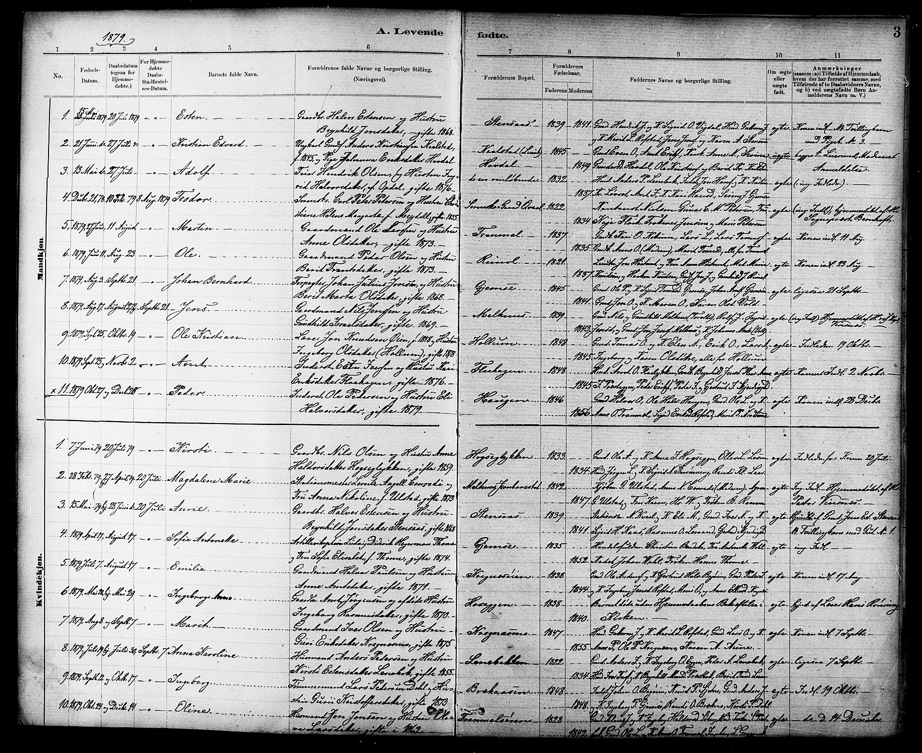 Ministerialprotokoller, klokkerbøker og fødselsregistre - Sør-Trøndelag, SAT/A-1456/691/L1094: Parish register (copy) no. 691C05, 1879-1911, p. 3
