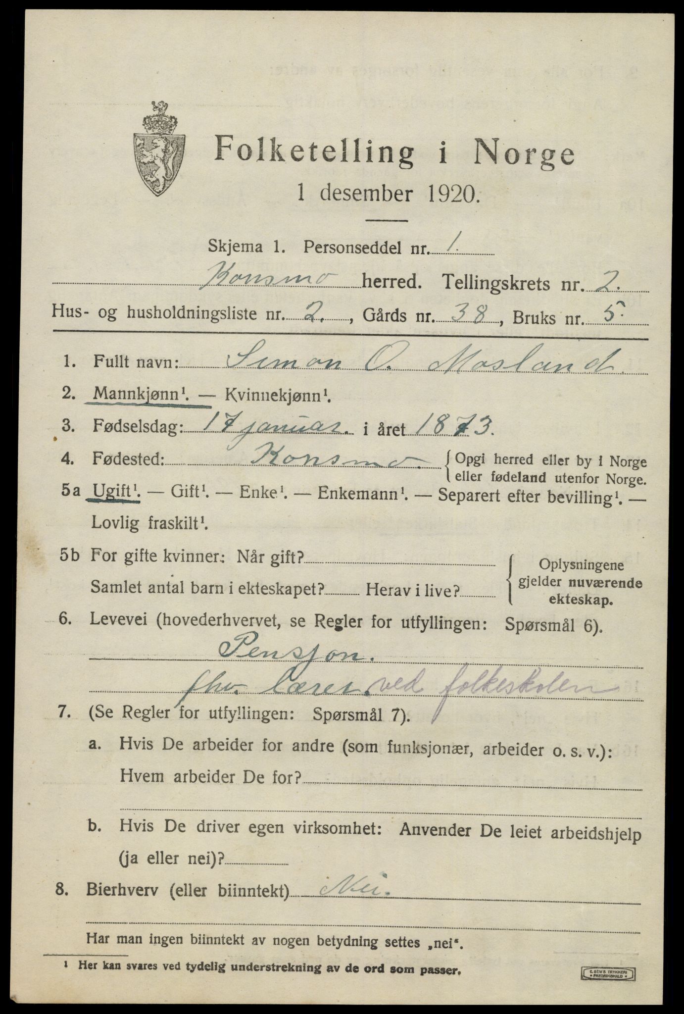SAK, 1920 census for Konsmo, 1920, p. 990