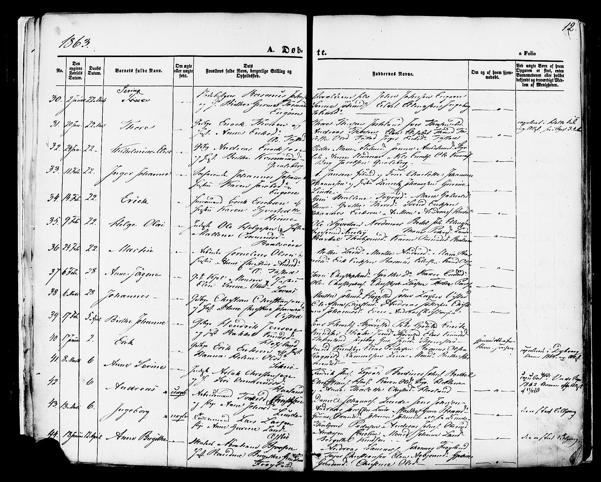Hetland sokneprestkontor, SAST/A-101826/30/30BA/L0003: Parish register (official) no. A 3, 1862-1876, p. 12
