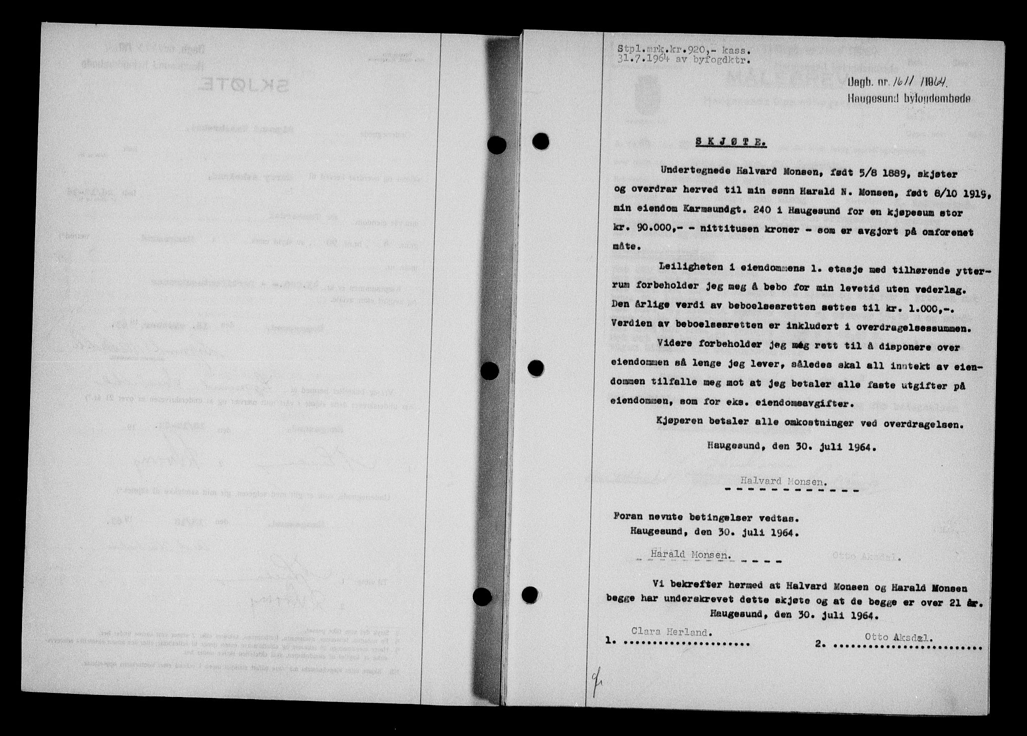 Haugesund tingrett, SAST/A-101415/01/II/IIC/L0075: Mortgage book no. A 16, 1964-1965, Diary no: : 1611/1964