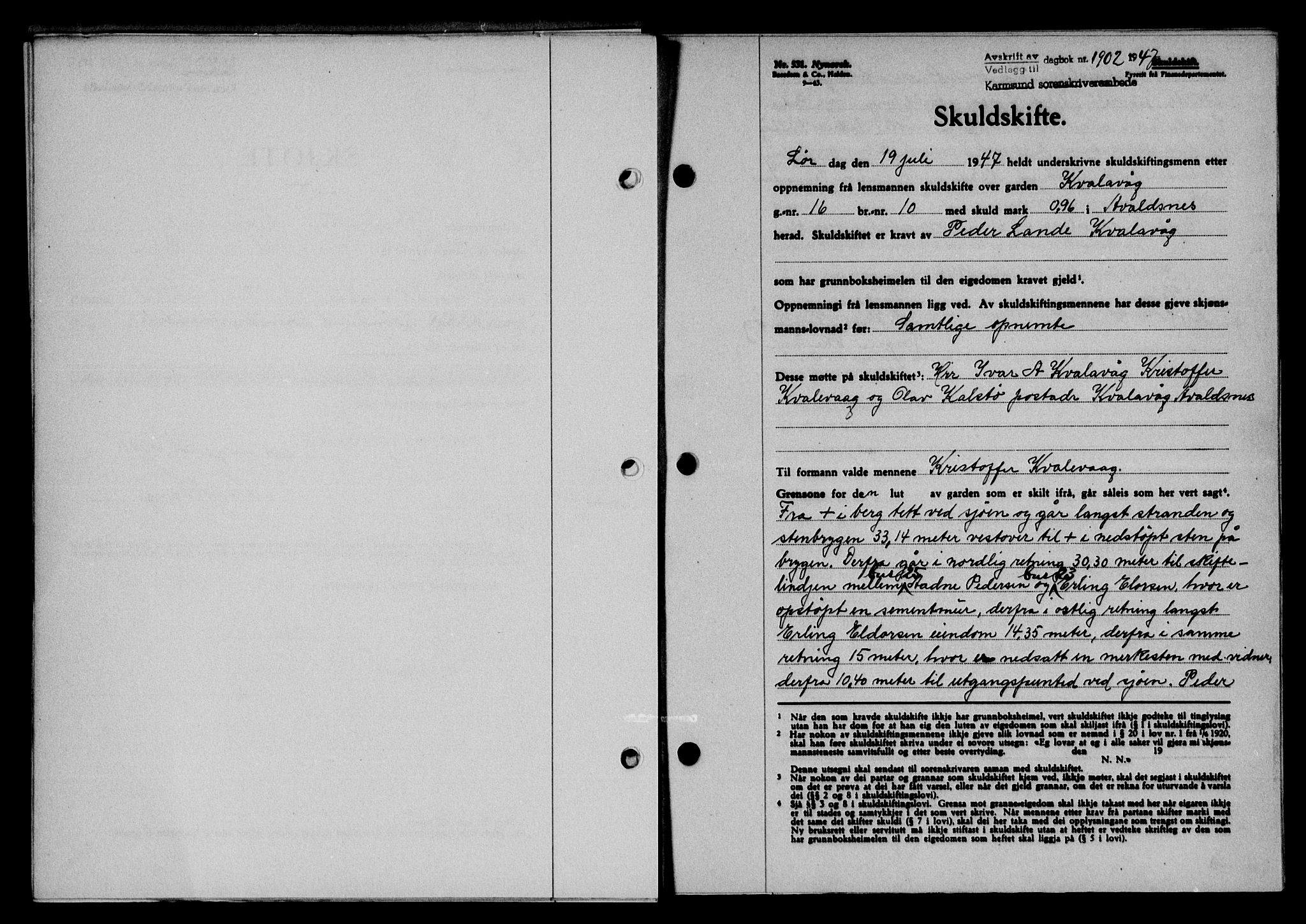 Karmsund sorenskriveri, SAST/A-100311/01/II/IIB/L0090: Mortgage book no. 70A, 1947-1947, Diary no: : 1902/1947