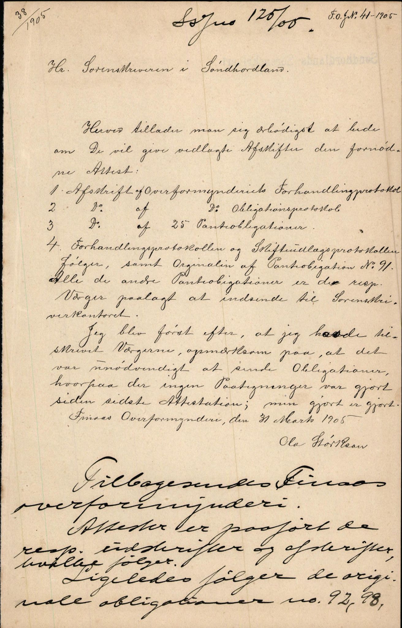 Finnaas kommune. Overformynderiet, IKAH/1218a-812/D/Da/Daa/L0002/0003: Kronologisk ordna korrespondanse / Kronologisk ordna korrespondanse, 1905-1909, p. 12