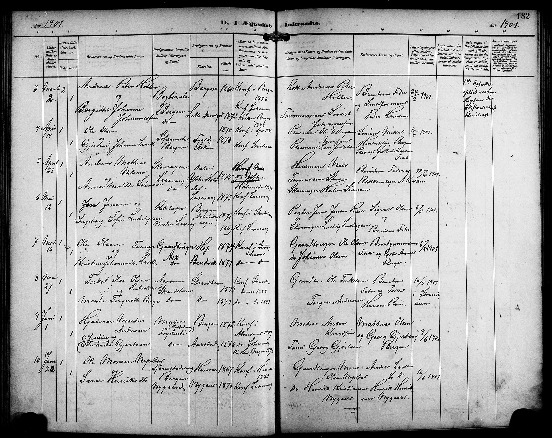 Laksevåg Sokneprestembete, SAB/A-76501/H/Ha/Hab/Haba/L0004: Parish register (copy) no. A 4, 1899-1909, p. 182