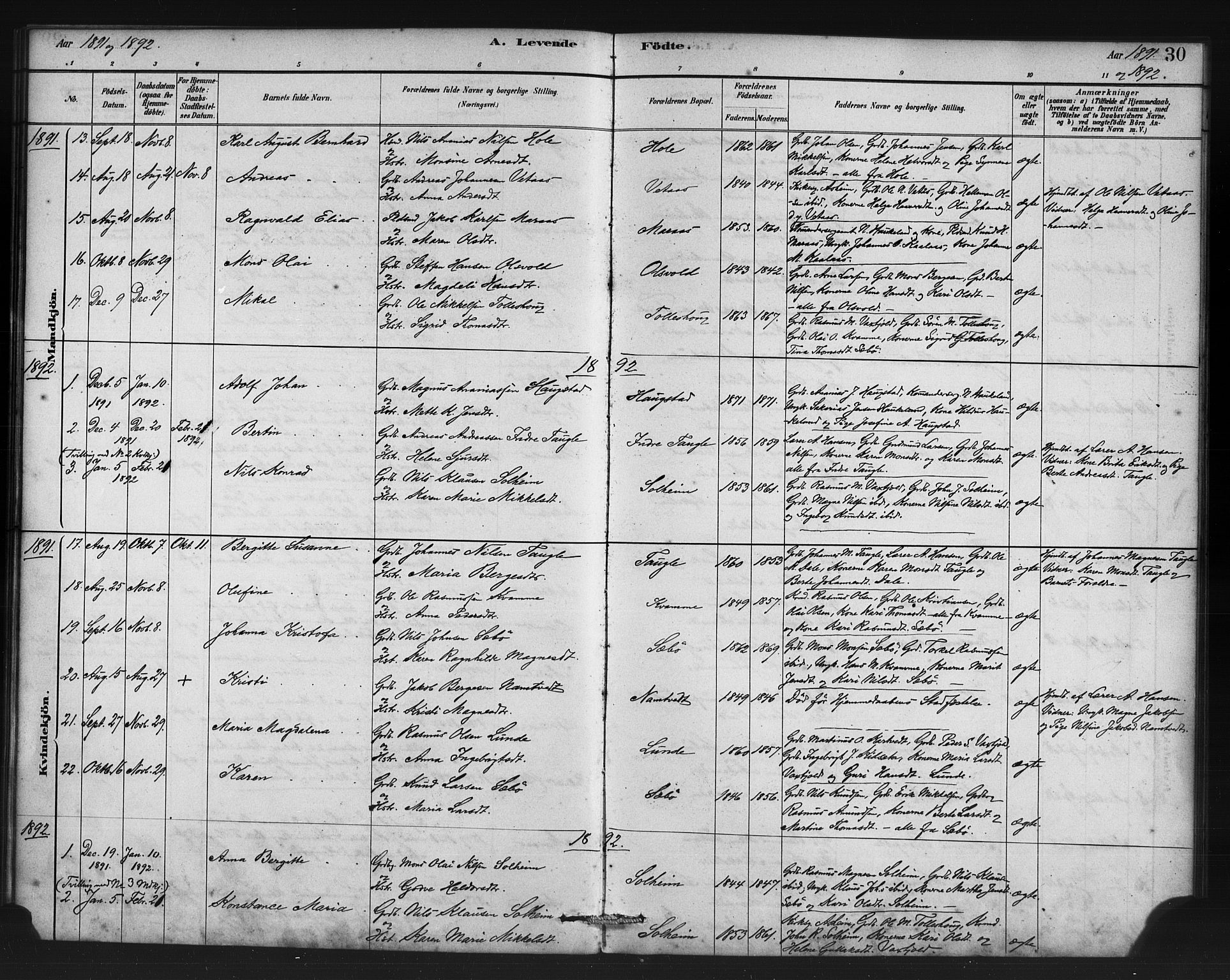 Manger sokneprestembete, SAB/A-76801/H/Haa: Parish register (official) no. D 1, 1881-1892, p. 30