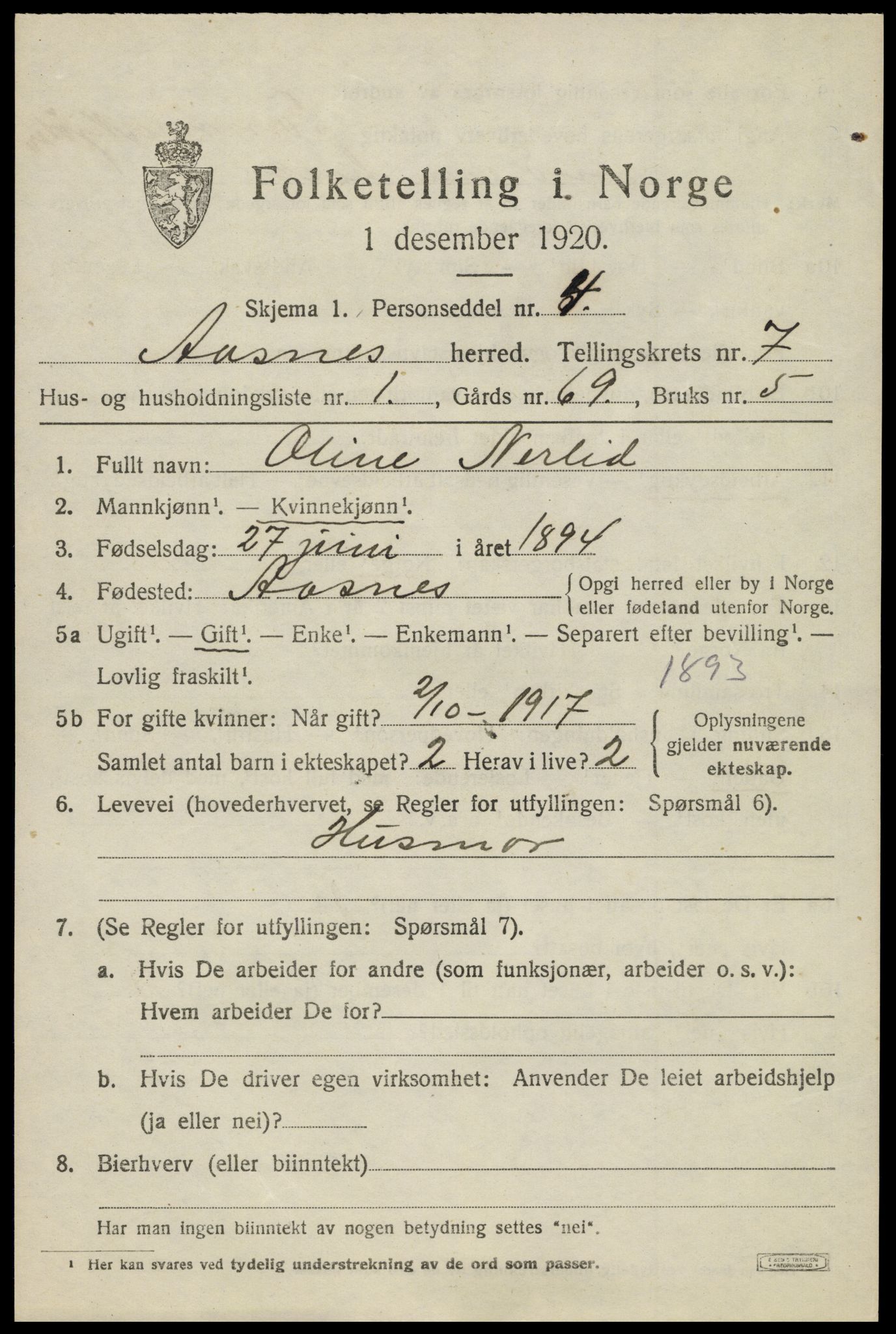 SAH, 1920 census for Åsnes, 1920, p. 8542