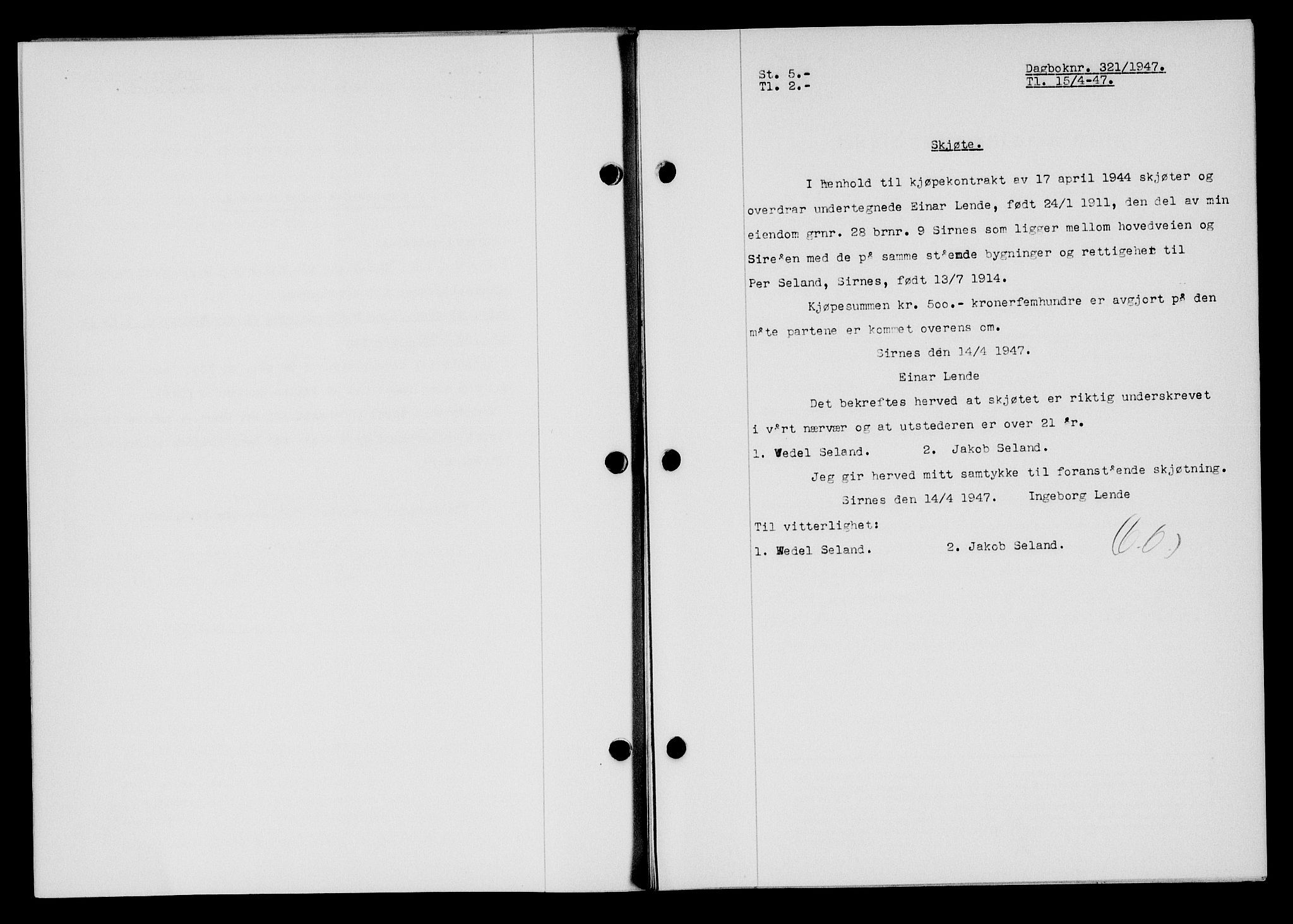 Flekkefjord sorenskriveri, SAK/1221-0001/G/Gb/Gba/L0062: Mortgage book no. A-10, 1947-1947, Diary no: : 321/1947