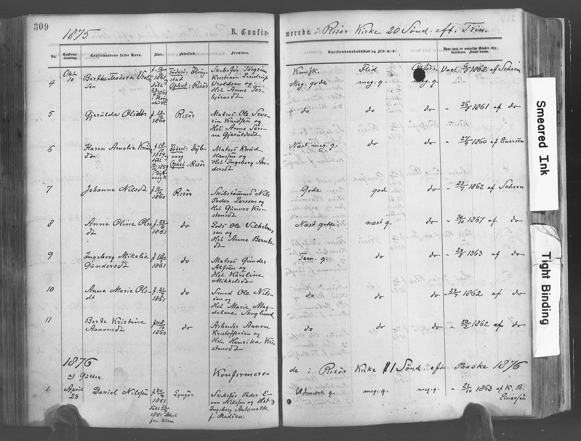 Risør sokneprestkontor, SAK/1111-0035/F/Fa/L0004: Parish register (official) no. A 4, 1865-1882, p. 309