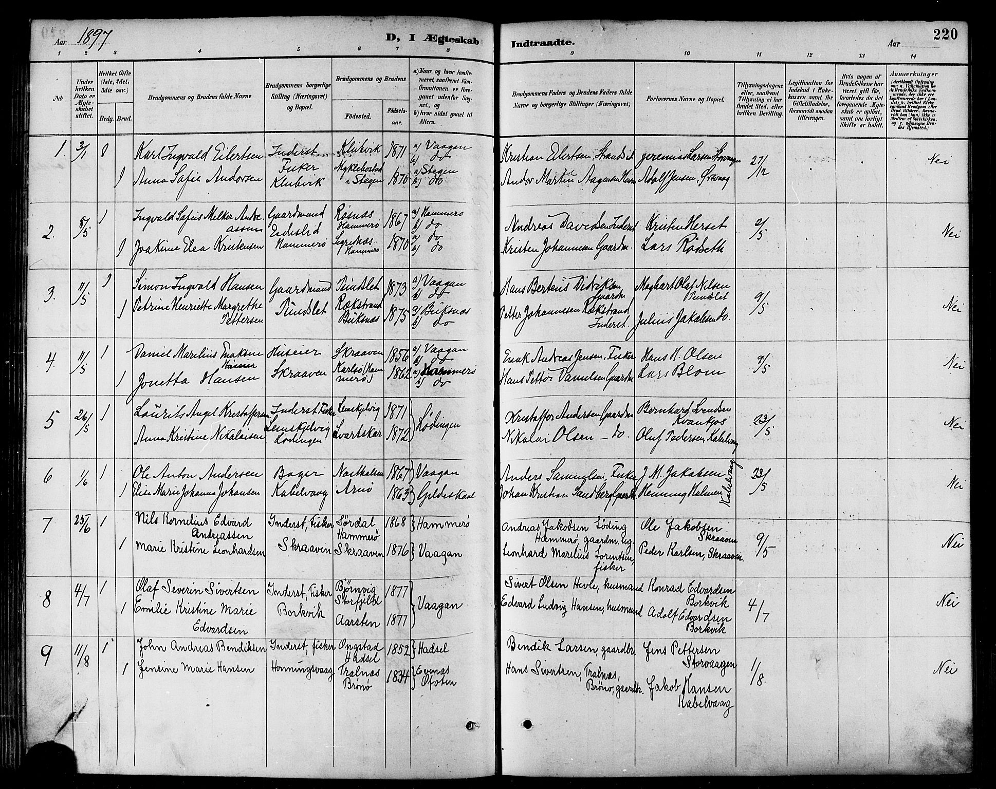 Ministerialprotokoller, klokkerbøker og fødselsregistre - Nordland, SAT/A-1459/874/L1060: Parish register (official) no. 874A04, 1890-1899, p. 220