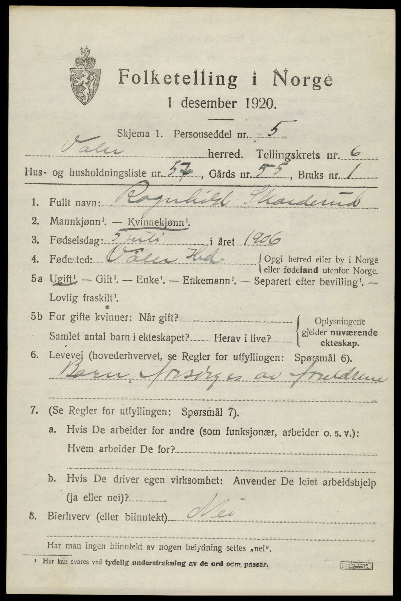 SAH, 1920 census for Våler (Hedmark), 1920, p. 7405