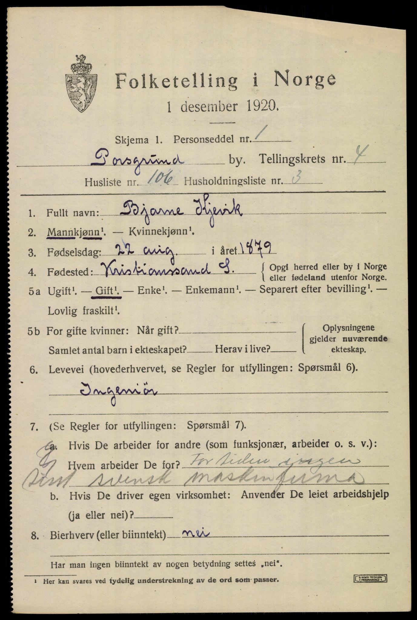 SAKO, 1920 census for Porsgrunn, 1920, p. 19941