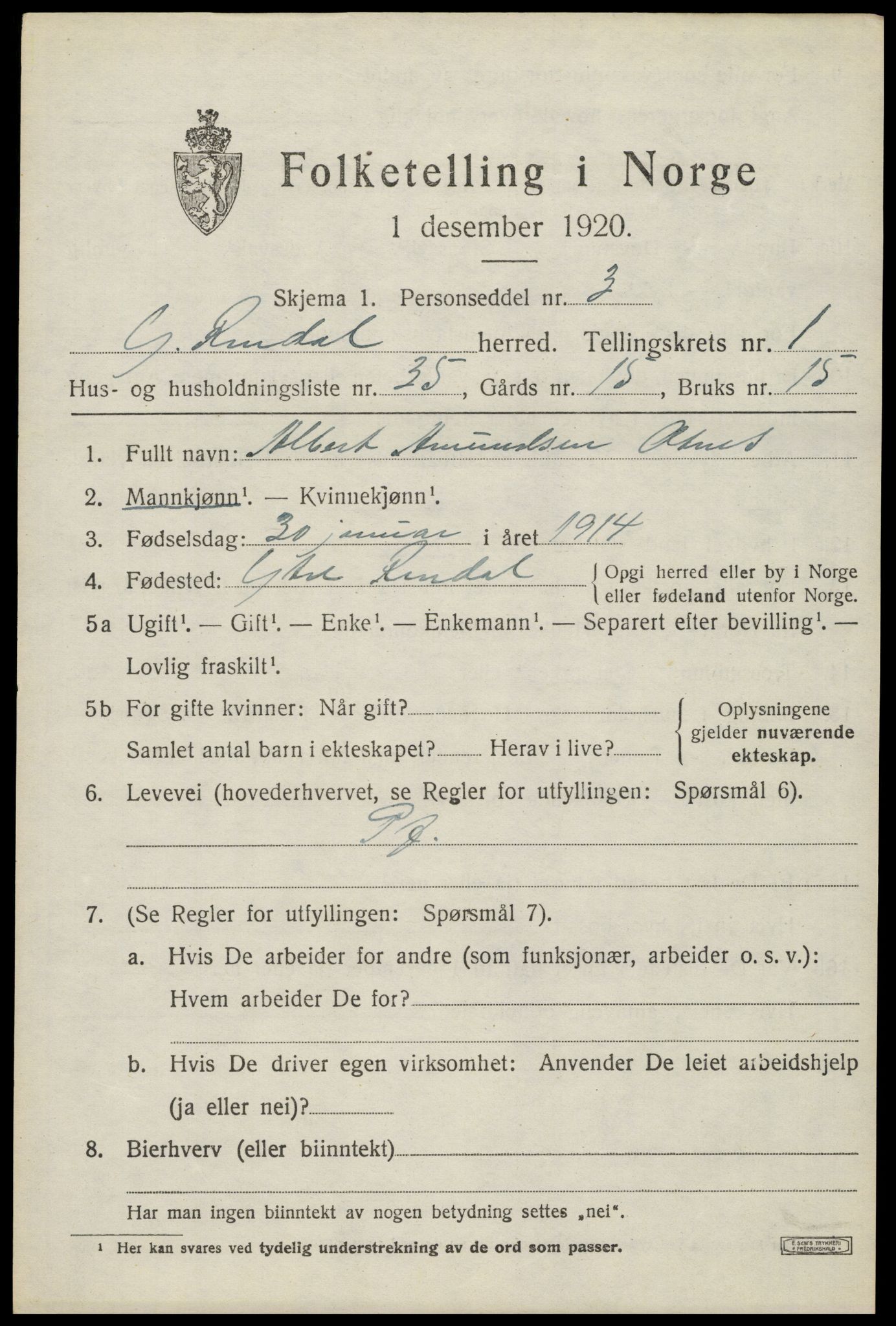 SAH, 1920 census for Ytre Rendal, 1920, p. 1049