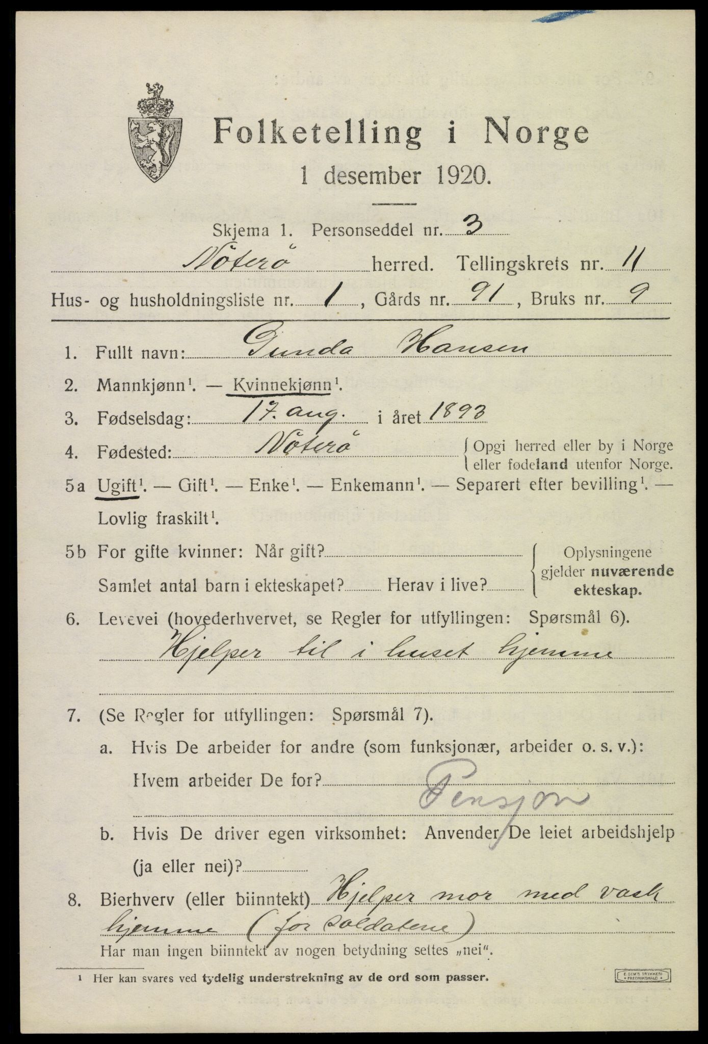 SAKO, 1920 census for Nøtterøy, 1920, p. 13571