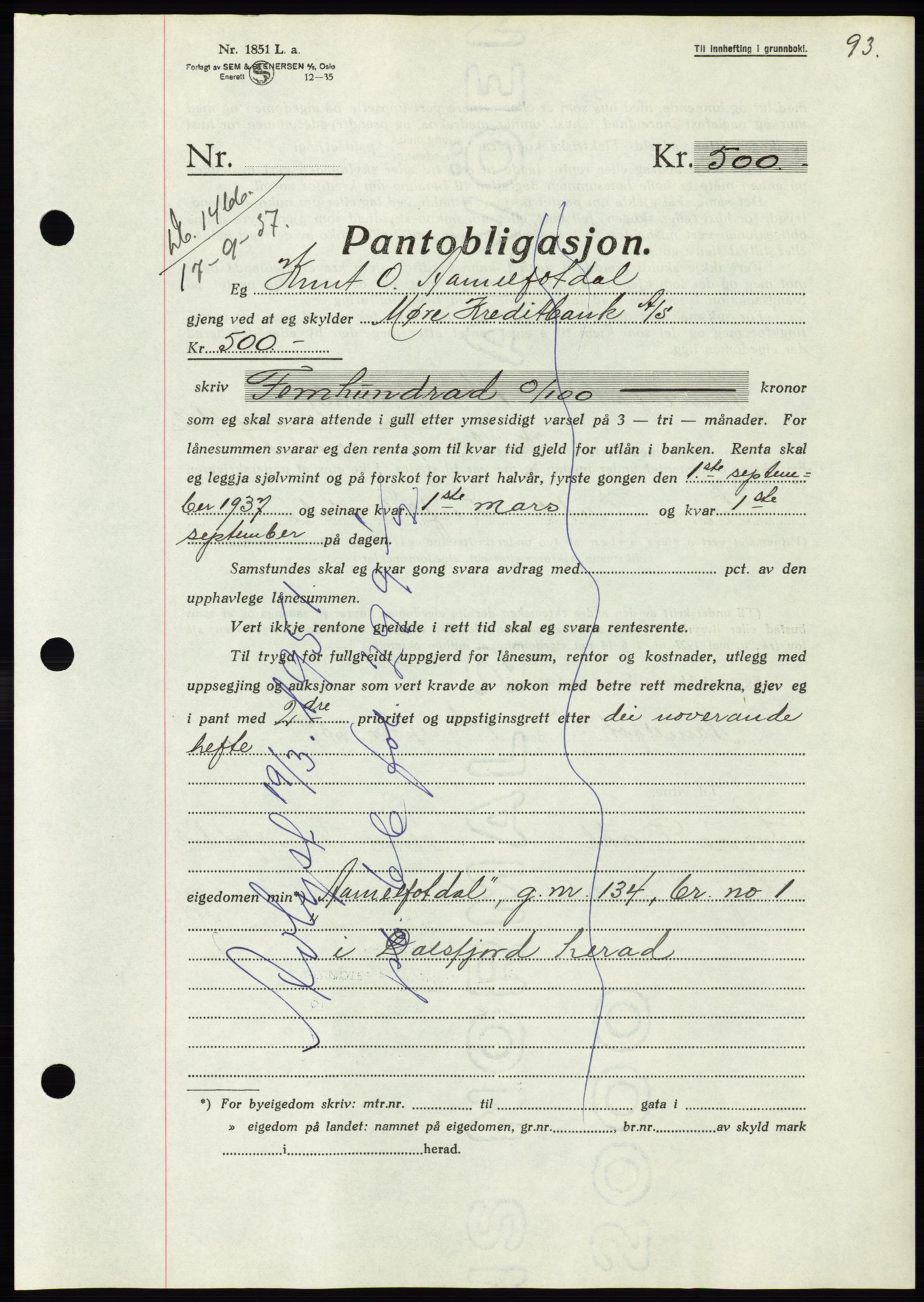 Søre Sunnmøre sorenskriveri, AV/SAT-A-4122/1/2/2C/L0064: Mortgage book no. 58, 1937-1938, Diary no: : 1466/1937