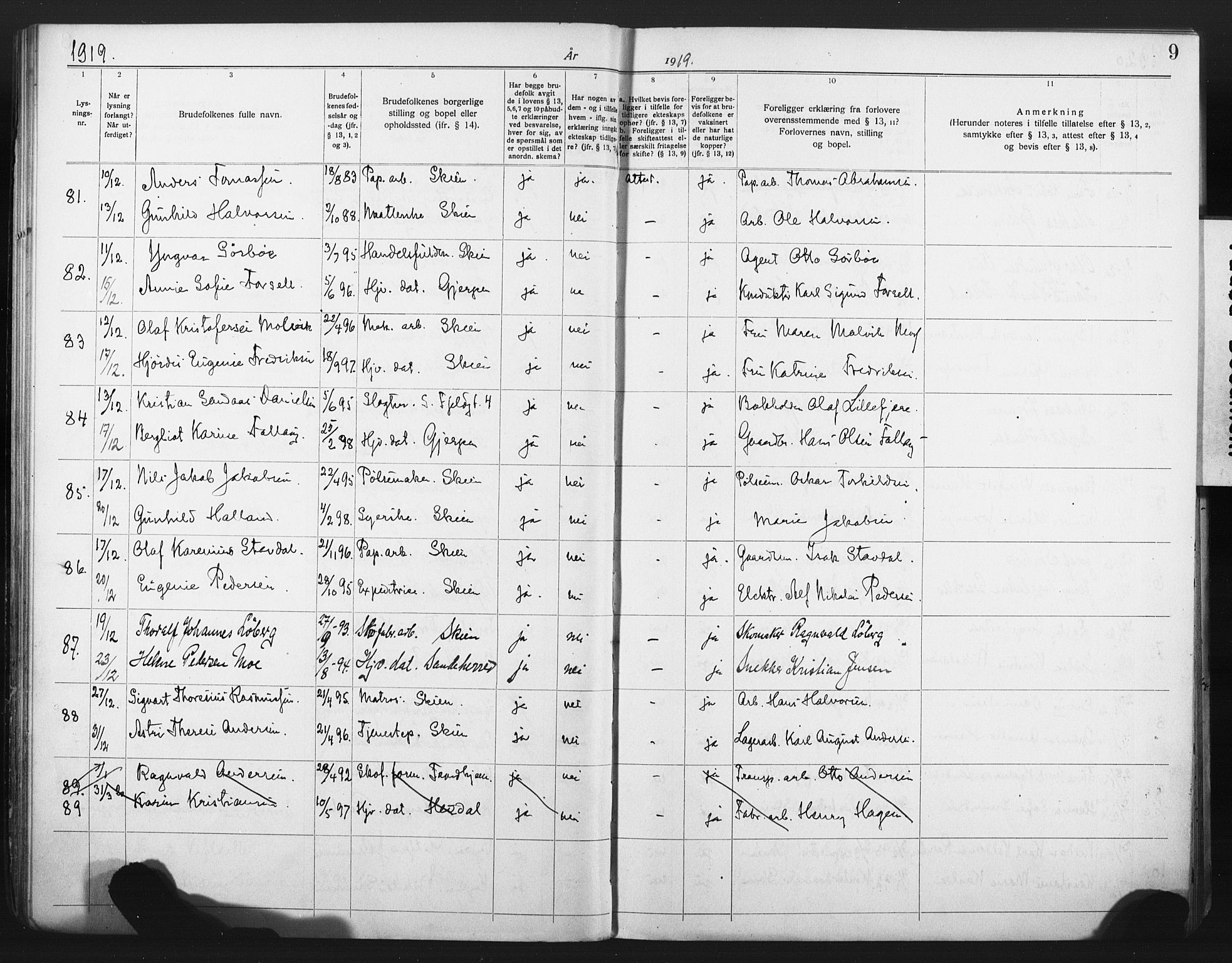 Skien kirkebøker, SAKO/A-302/H/Ha/L0001: Banns register no. 1, 1919-1929, p. 9