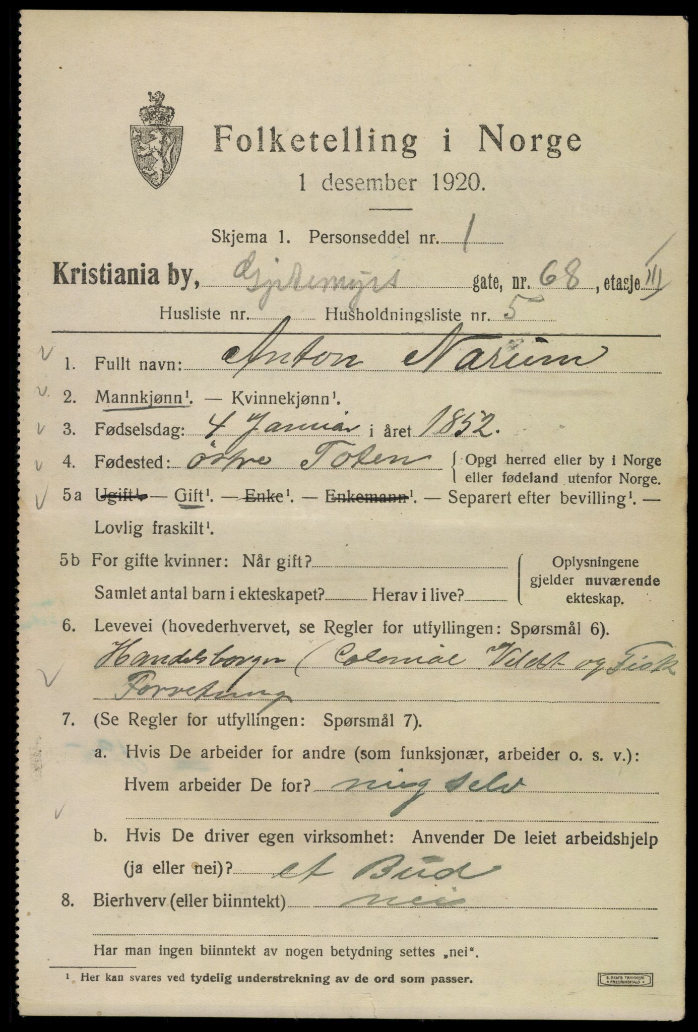 SAO, 1920 census for Kristiania, 1920, p. 250111