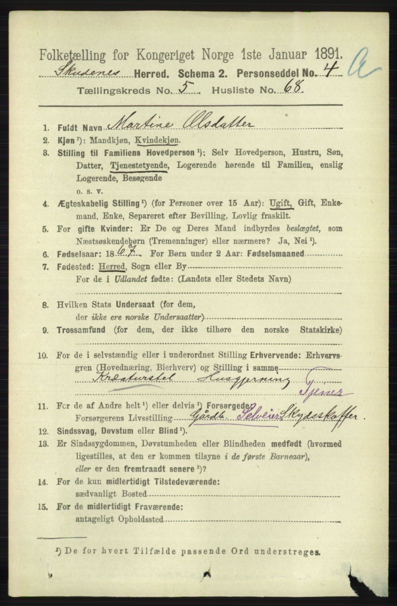 RA, 1891 census for 1150 Skudenes, 1891, p. 2907