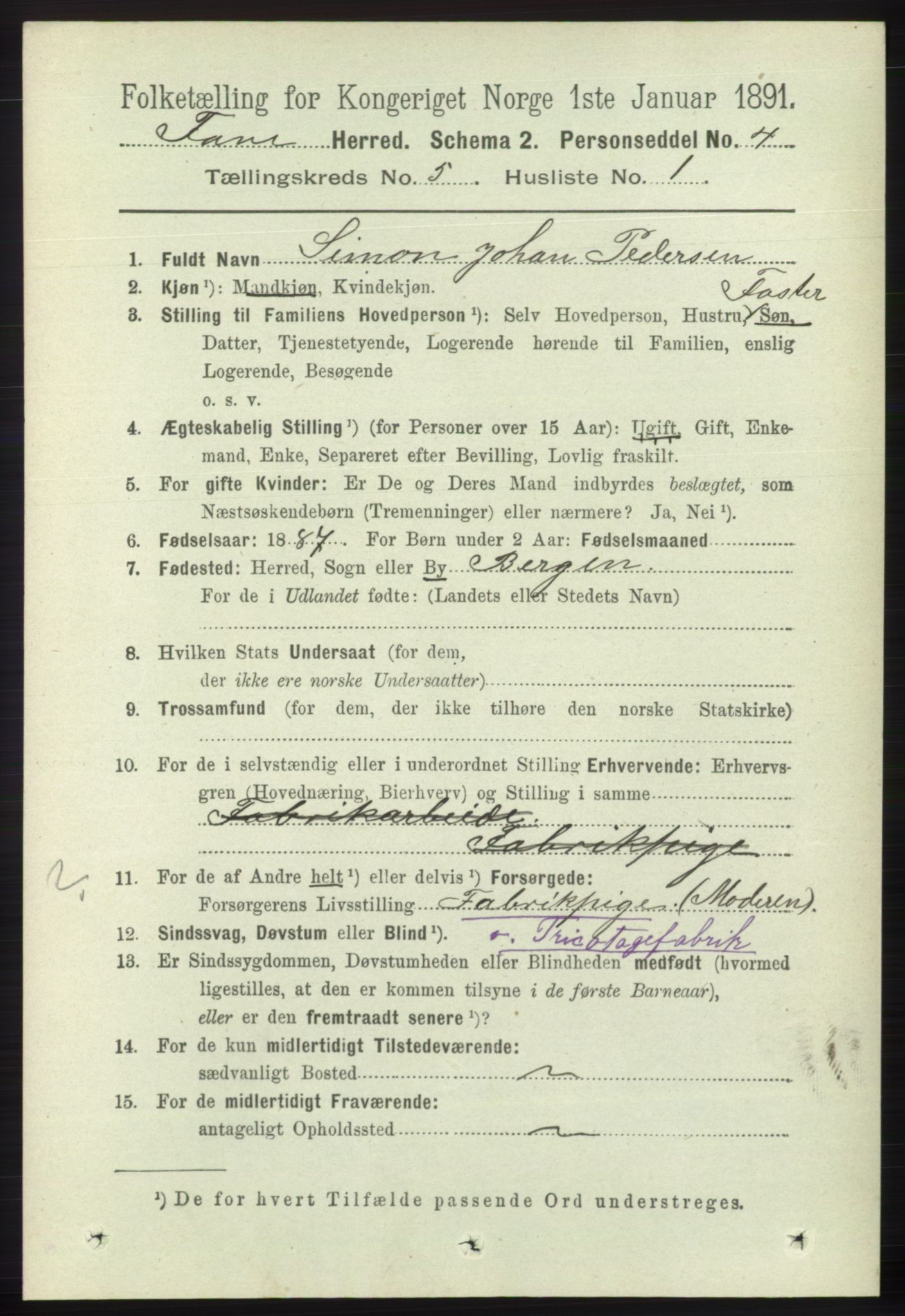 RA, 1891 census for 1249 Fana, 1891, p. 2050