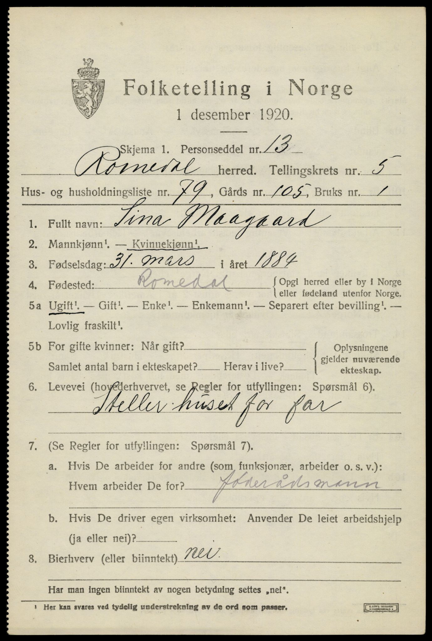 SAH, 1920 census for Romedal, 1920, p. 7769