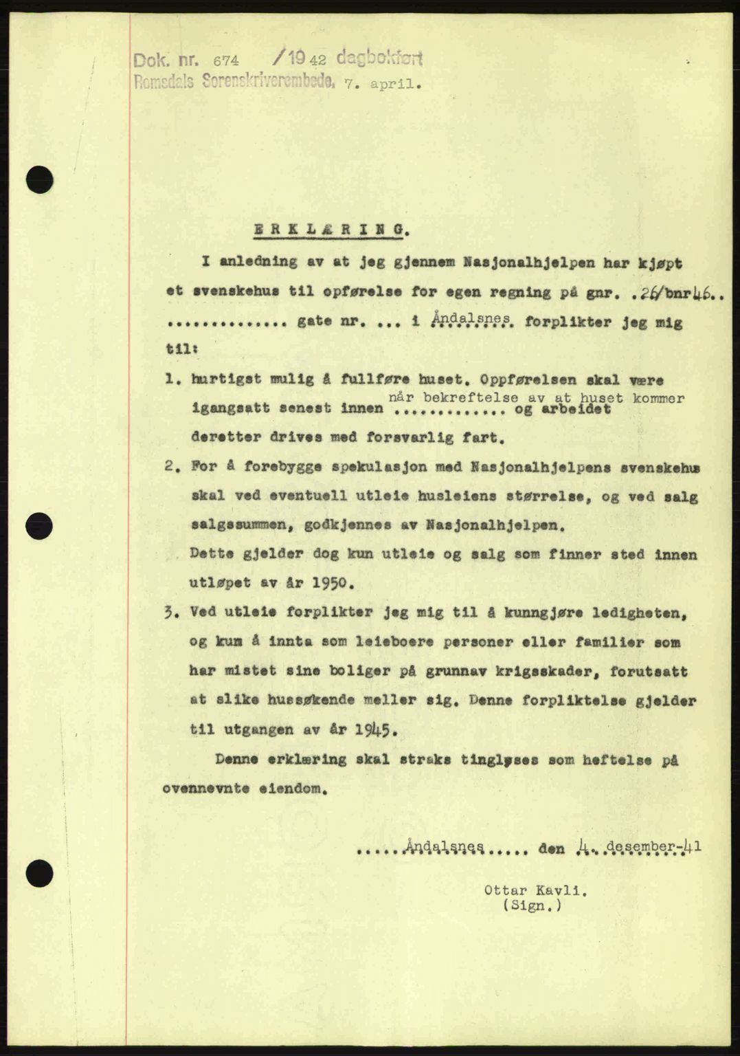 Romsdal sorenskriveri, AV/SAT-A-4149/1/2/2C: Mortgage book no. B2, 1939-1945, Diary no: : 674/1942