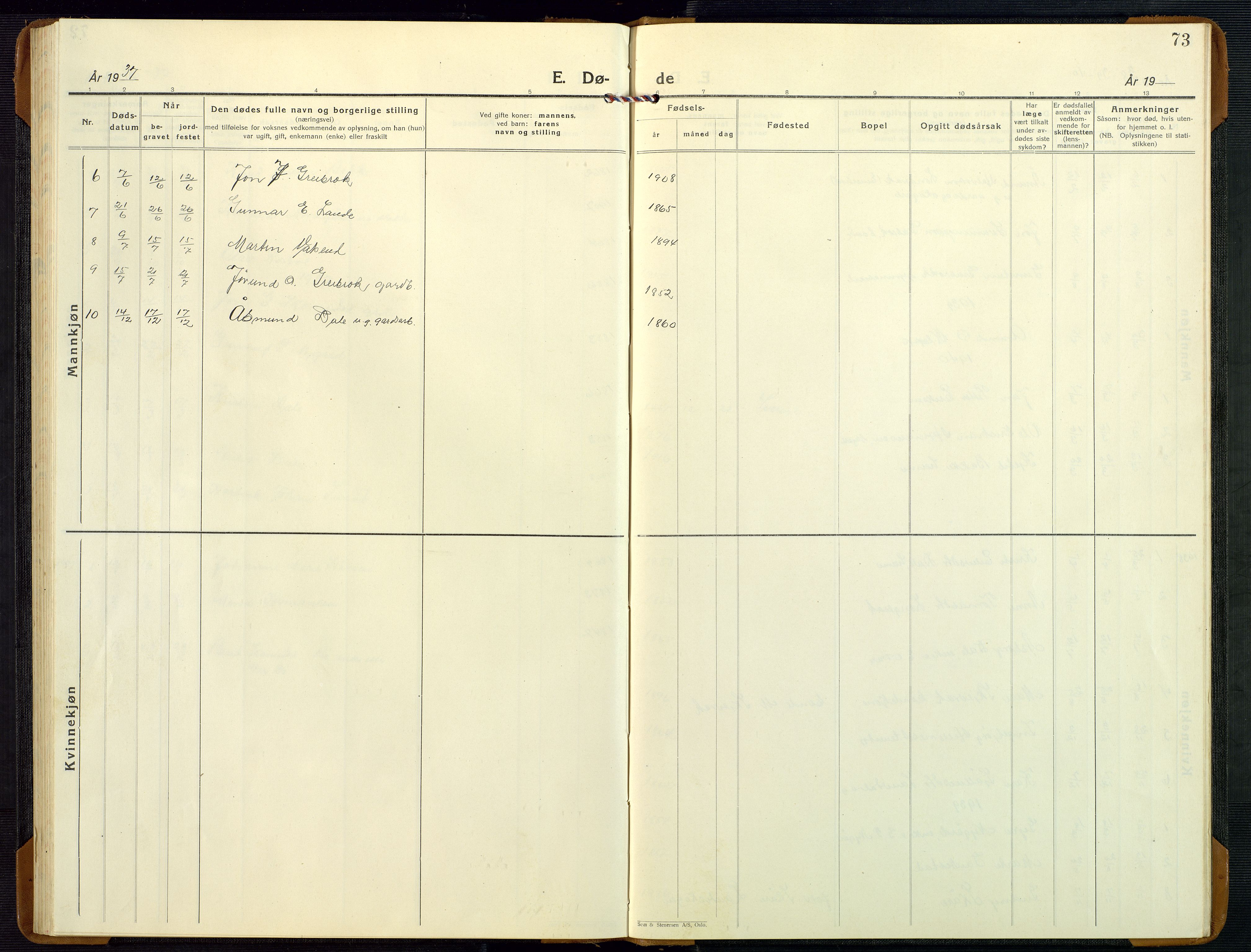 Bygland sokneprestkontor, SAK/1111-0006/F/Fb/Fbd/L0004: Parish register (copy) no. B 4, 1926-1971, p. 73