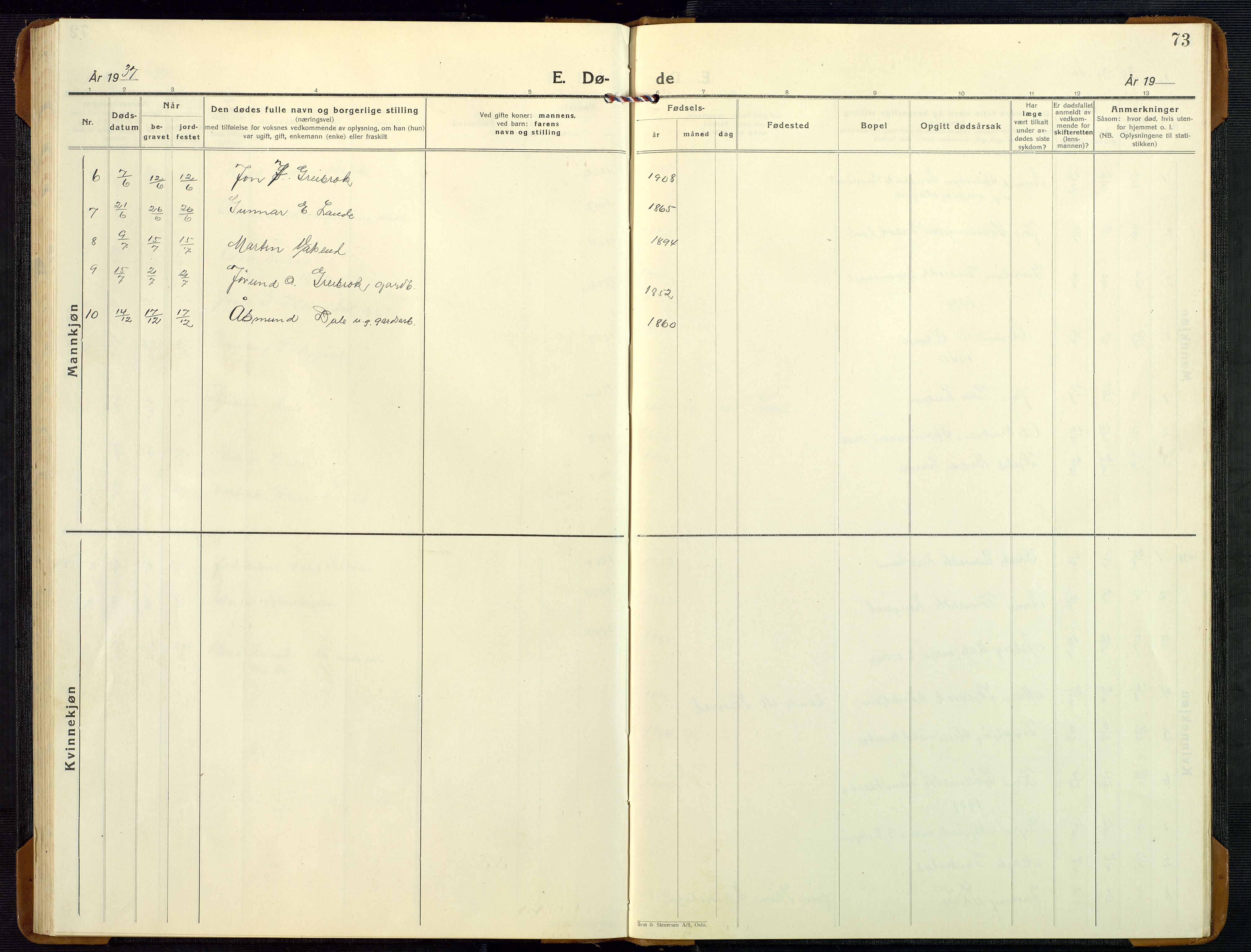 Bygland sokneprestkontor, AV/SAK-1111-0006/F/Fb/Fbd/L0004: Parish register (copy) no. B 4, 1926-1971, p. 73