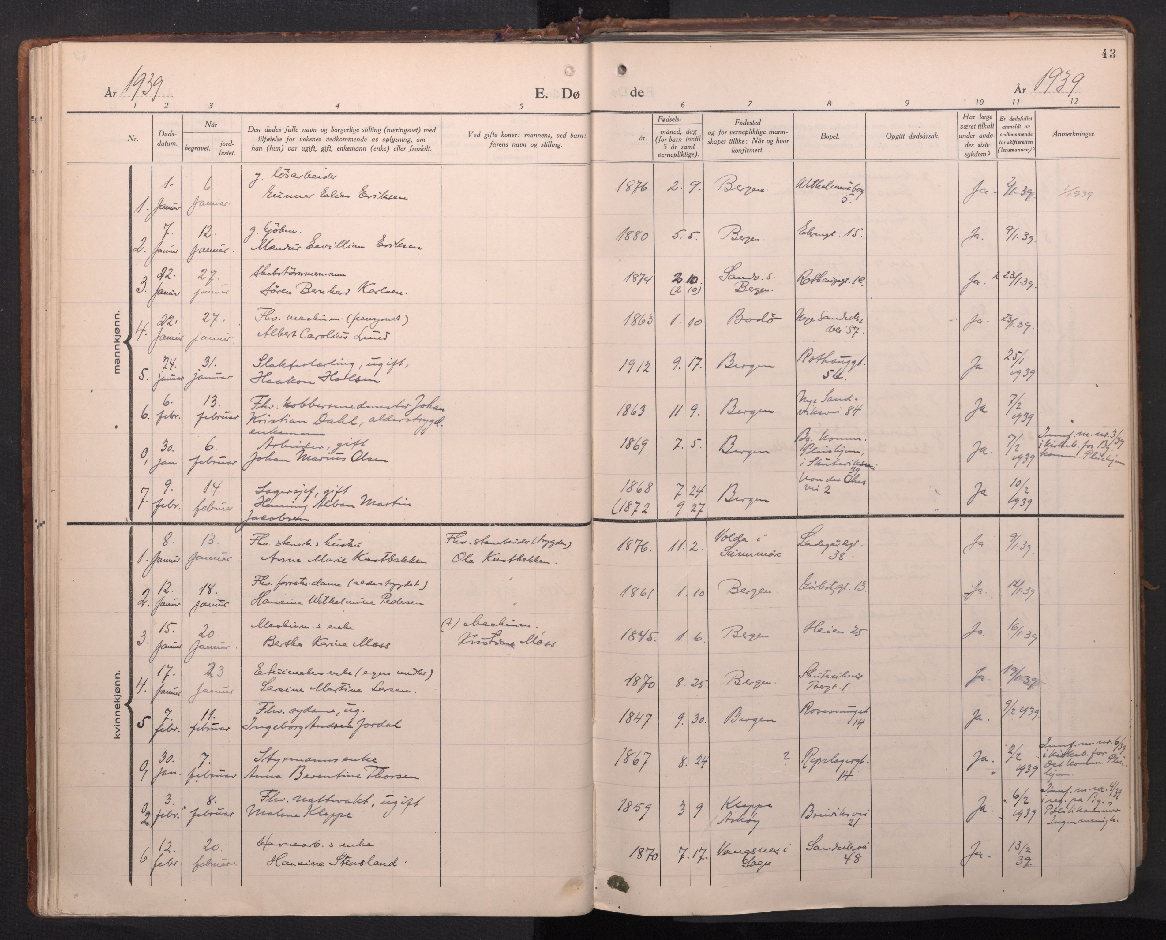 Sandviken Sokneprestembete, AV/SAB-A-77601/H/Ha/L0020: Parish register (official) no. E 3, 1933-1962, p. 43