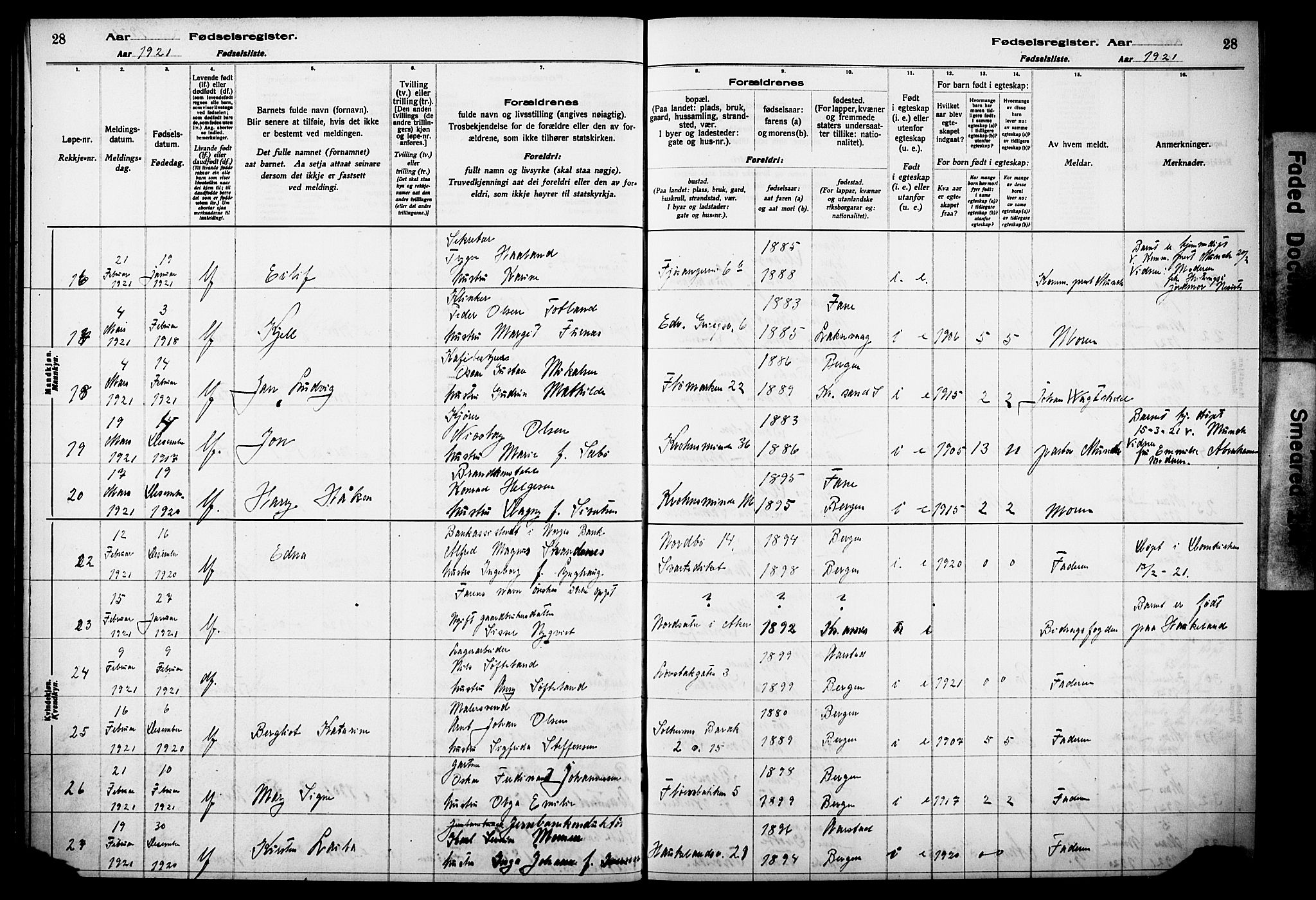 Årstad Sokneprestembete, AV/SAB-A-79301/I/Id/L0A02: Birth register no. A 2, 1920-1924, p. 28