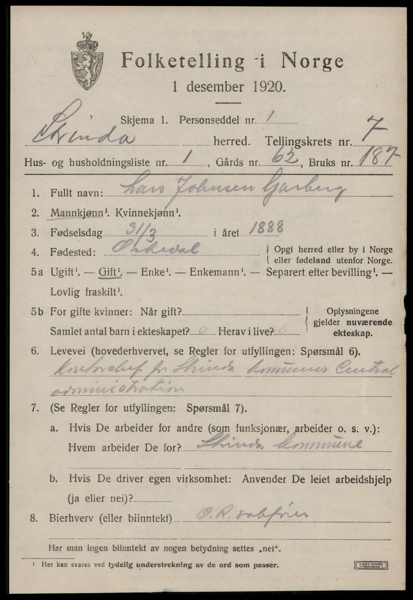 SAT, 1920 census for Strinda, 1920, p. 16906