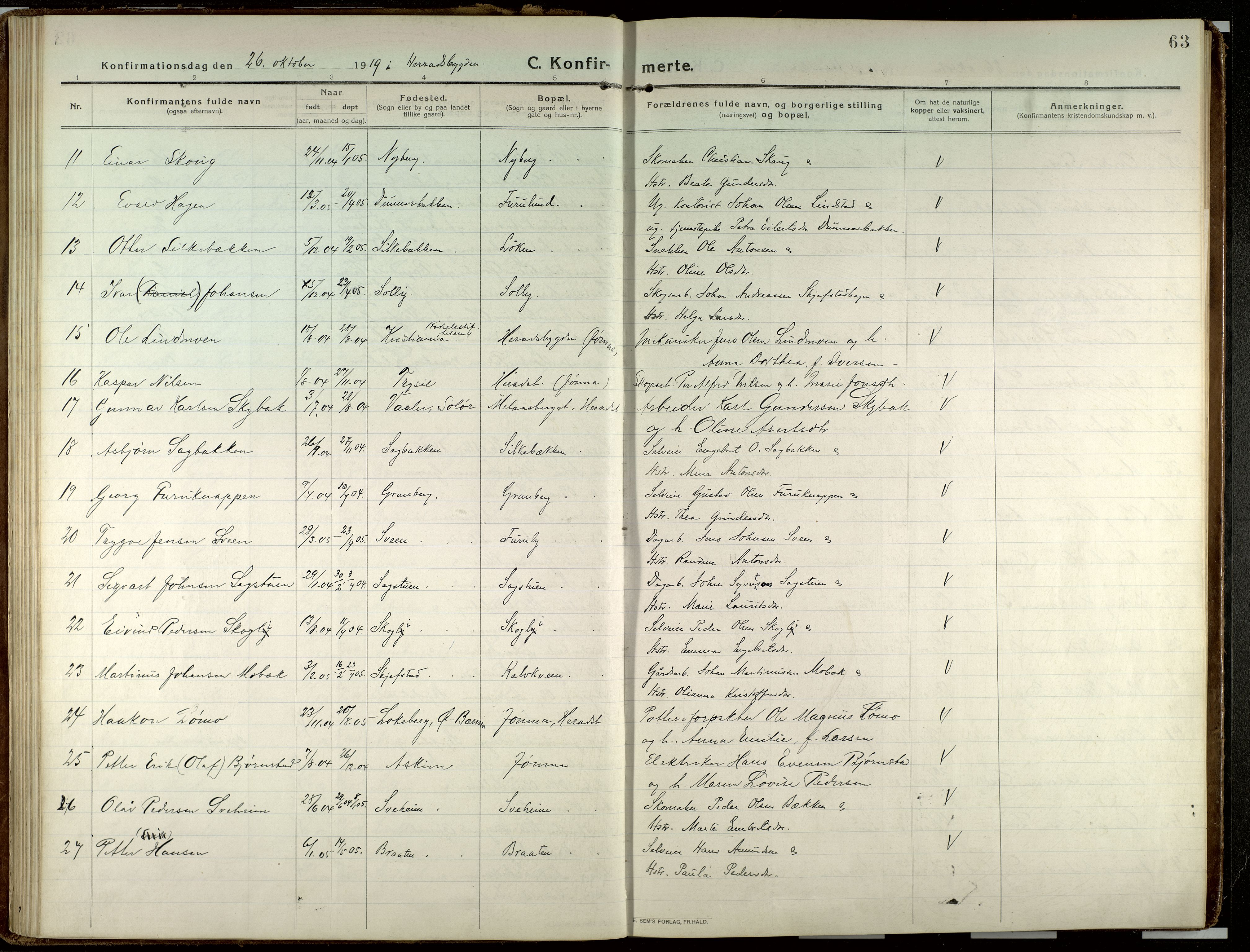 Elverum prestekontor, AV/SAH-PREST-044/H/Ha/Haa/L0023: Parish register (official) no. 23, 1914-1929, p. 63