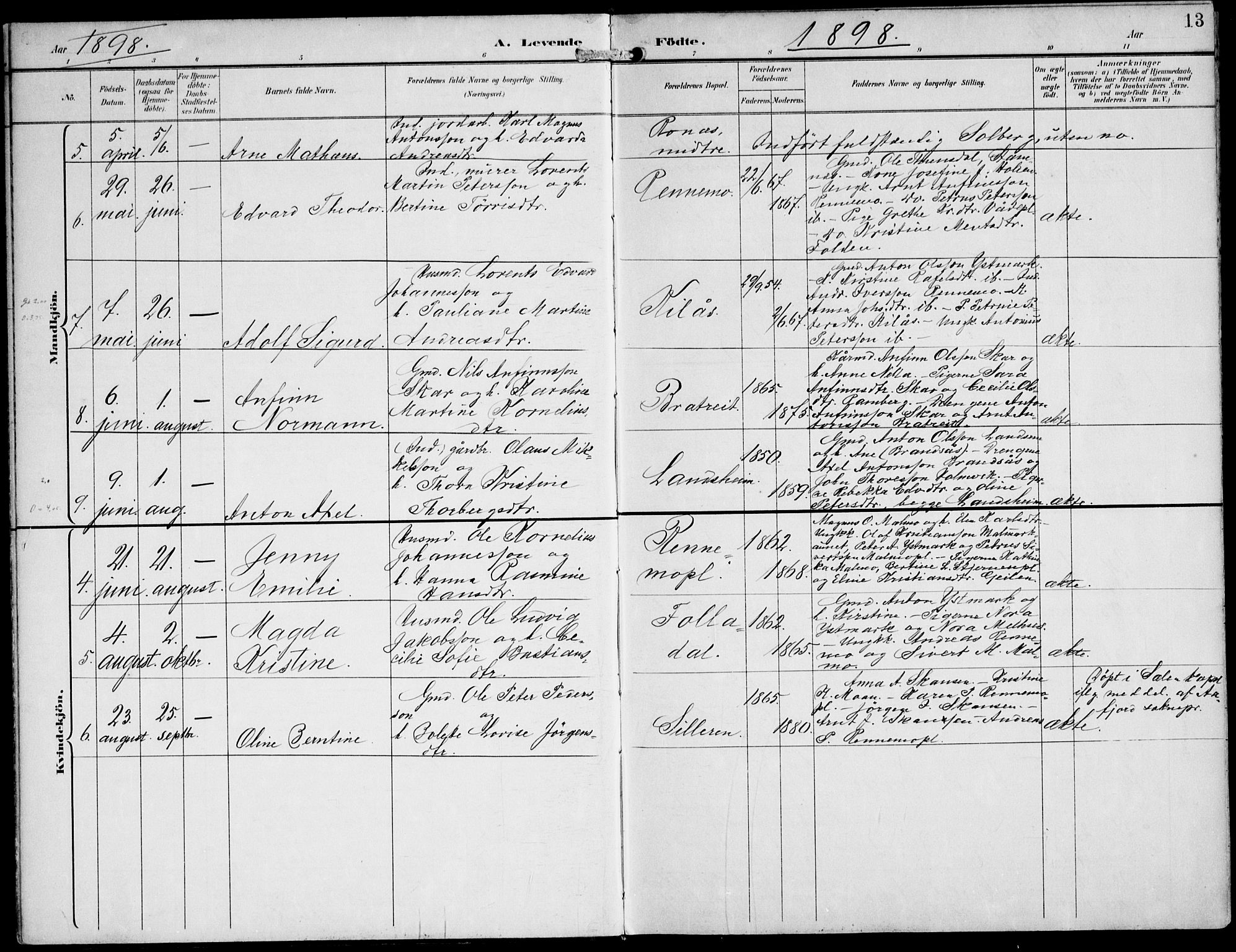 Ministerialprotokoller, klokkerbøker og fødselsregistre - Nord-Trøndelag, AV/SAT-A-1458/745/L0430: Parish register (official) no. 745A02, 1895-1913, p. 13