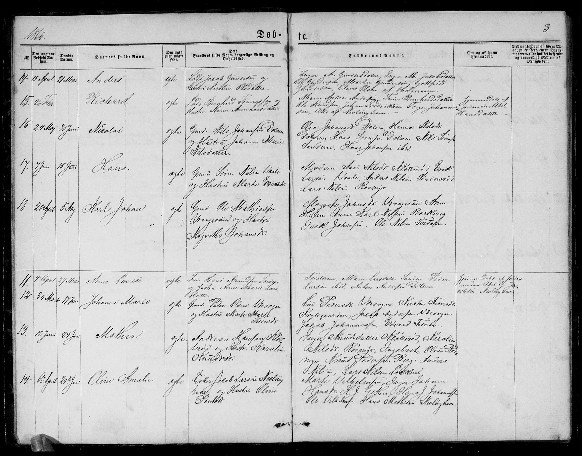 Brunlanes kirkebøker, AV/SAKO-A-342/G/Gb/L0001: Parish register (copy) no. II 1, 1866-1877, p. 3