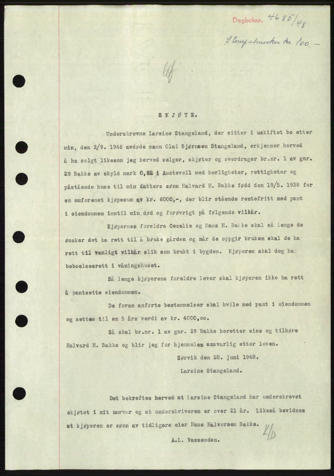 Midhordland sorenskriveri, SAB/A-3001/1/G/Gb/Gbh/L0029: Mortgage book no. A56-57, 1948-1948, Diary no: : 4685/1948