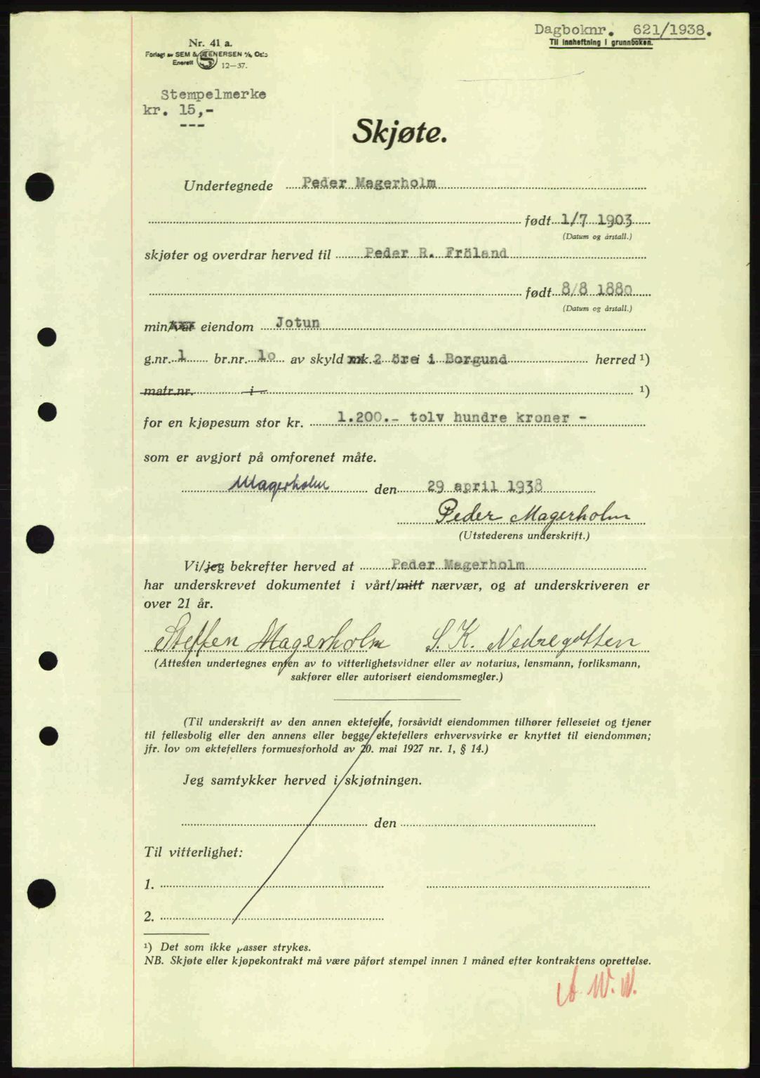 Nordre Sunnmøre sorenskriveri, AV/SAT-A-0006/1/2/2C/2Ca: Mortgage book no. A4, 1937-1938, Diary no: : 621/1938