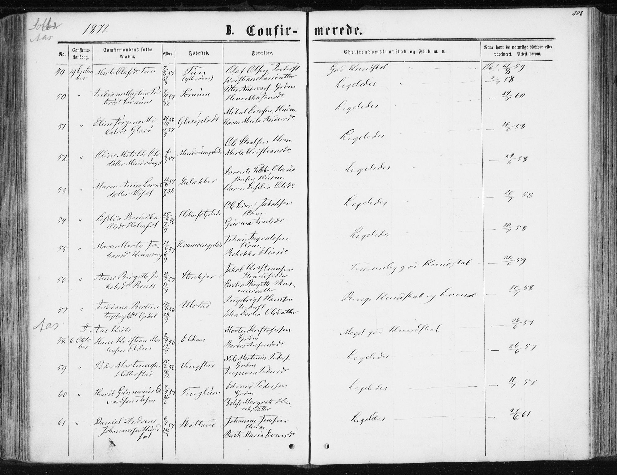 Ministerialprotokoller, klokkerbøker og fødselsregistre - Nord-Trøndelag, AV/SAT-A-1458/741/L0394: Parish register (official) no. 741A08, 1864-1877, p. 208