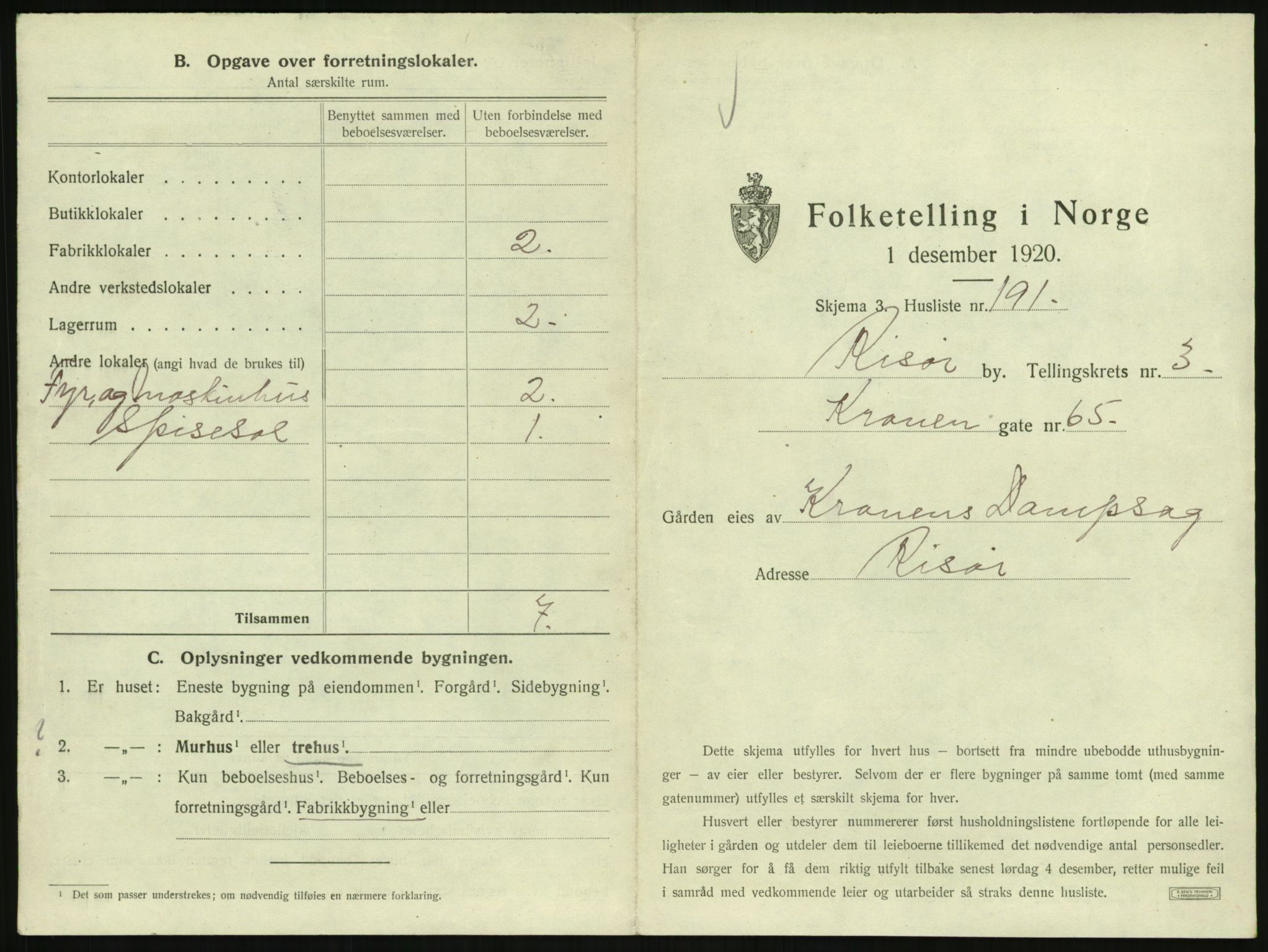 SAK, 1920 census for Risør, 1920, p. 1325