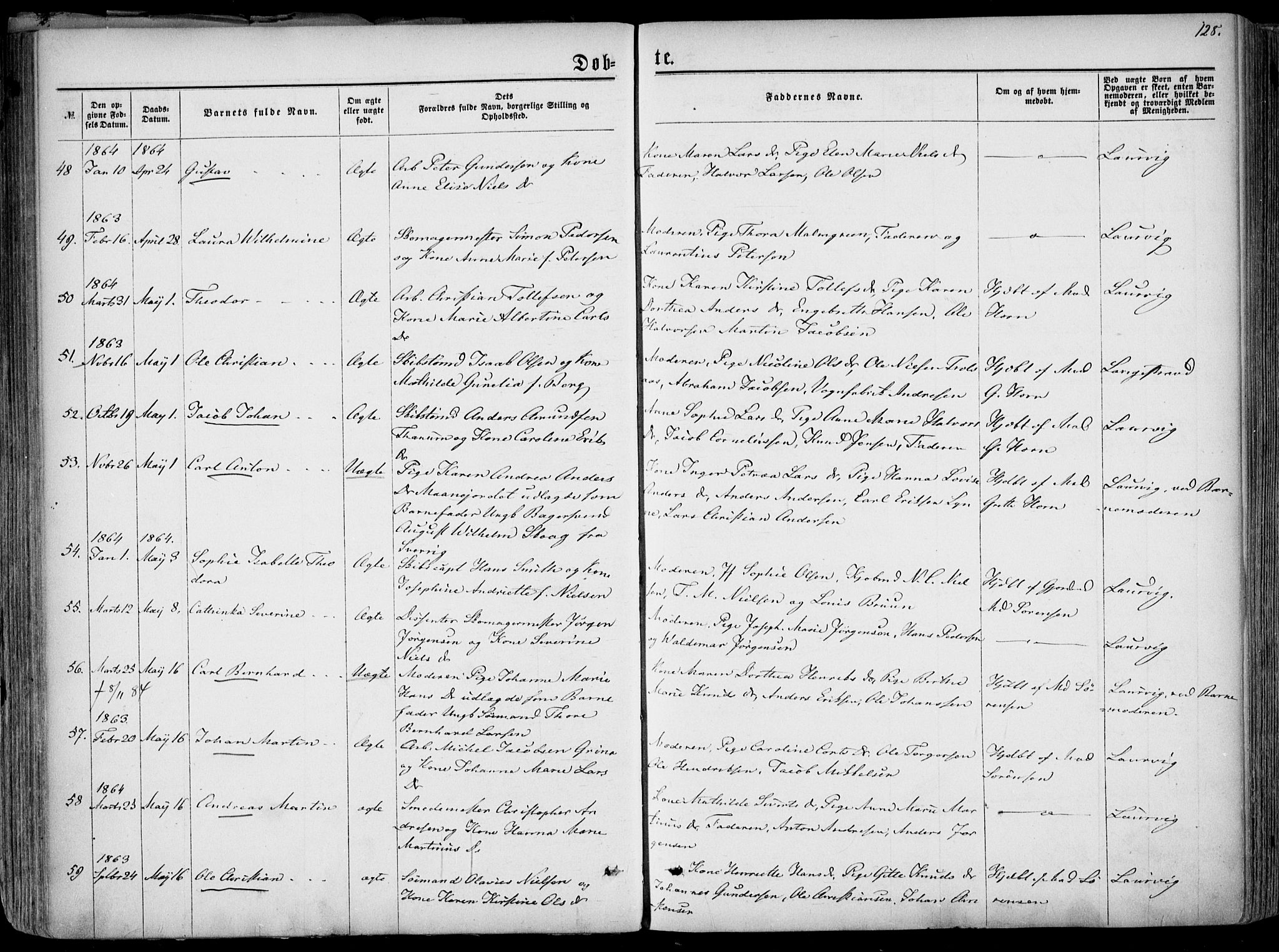 Larvik kirkebøker, AV/SAKO-A-352/F/Fa/L0004: Parish register (official) no. I 4, 1856-1870, p. 128