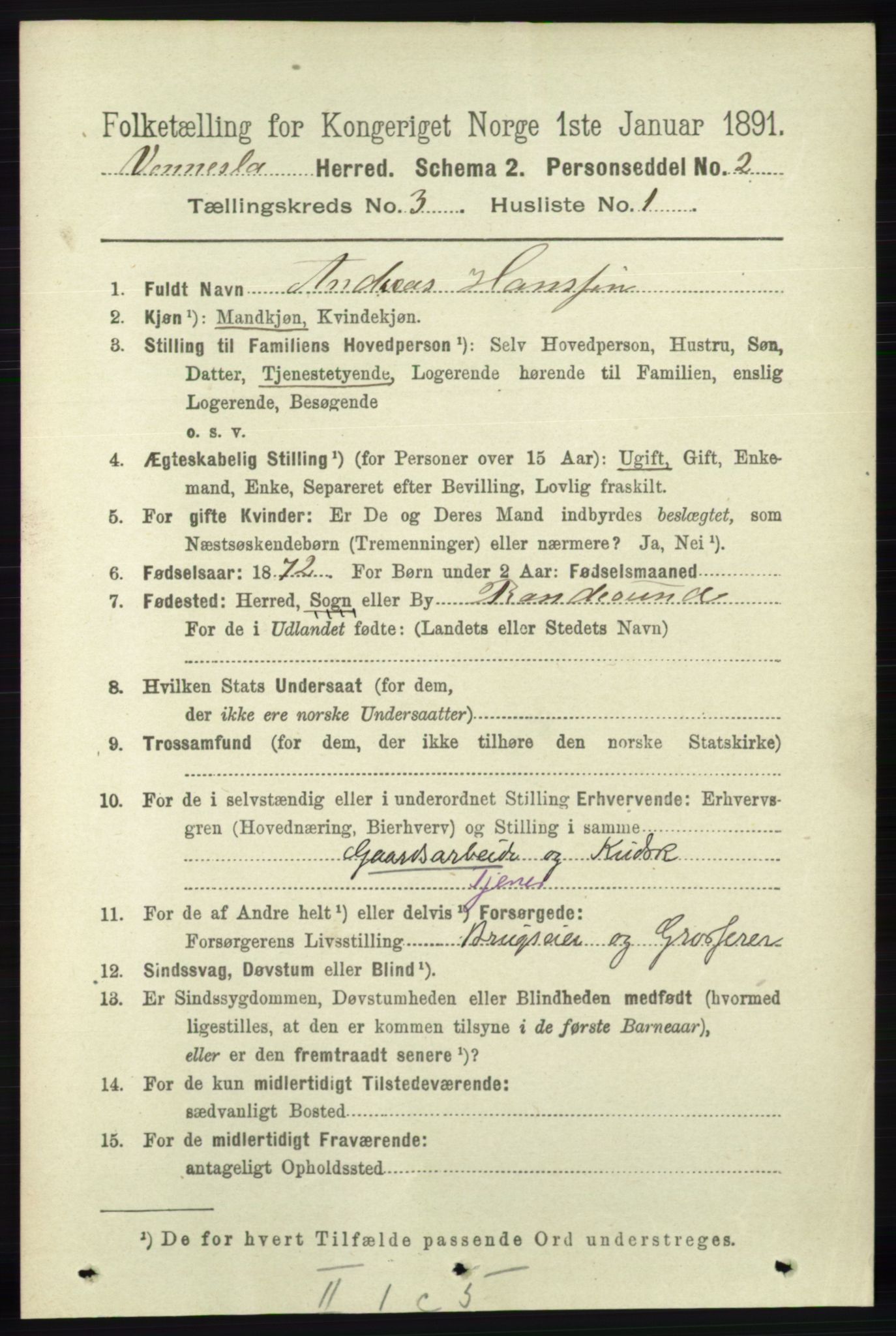 RA, 1891 census for 1014 Vennesla, 1891, p. 643