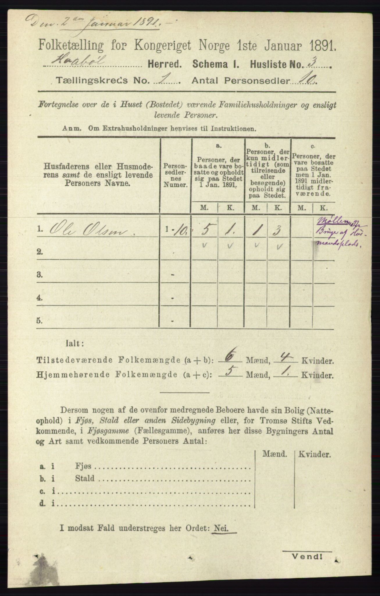 RA, 1891 census for 0138 Hobøl, 1891, p. 20