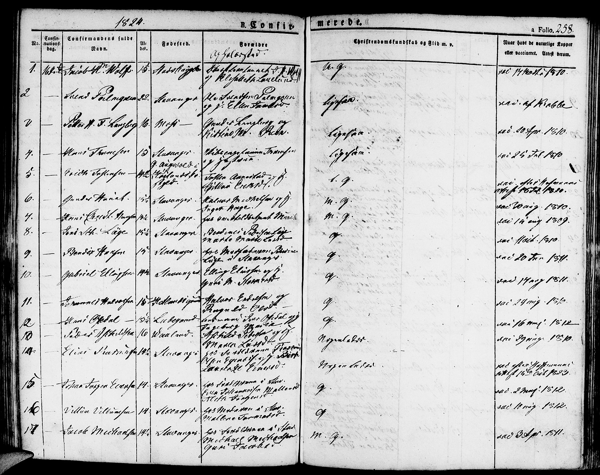 Domkirken sokneprestkontor, SAST/A-101812/001/30/30BA/L0009: Parish register (official) no. A 9, 1821-1832, p. 258