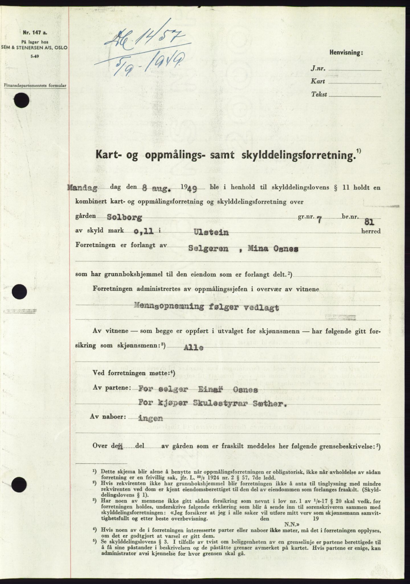 Søre Sunnmøre sorenskriveri, AV/SAT-A-4122/1/2/2C/L0085: Mortgage book no. 11A, 1949-1949, Diary no: : 1457/1949