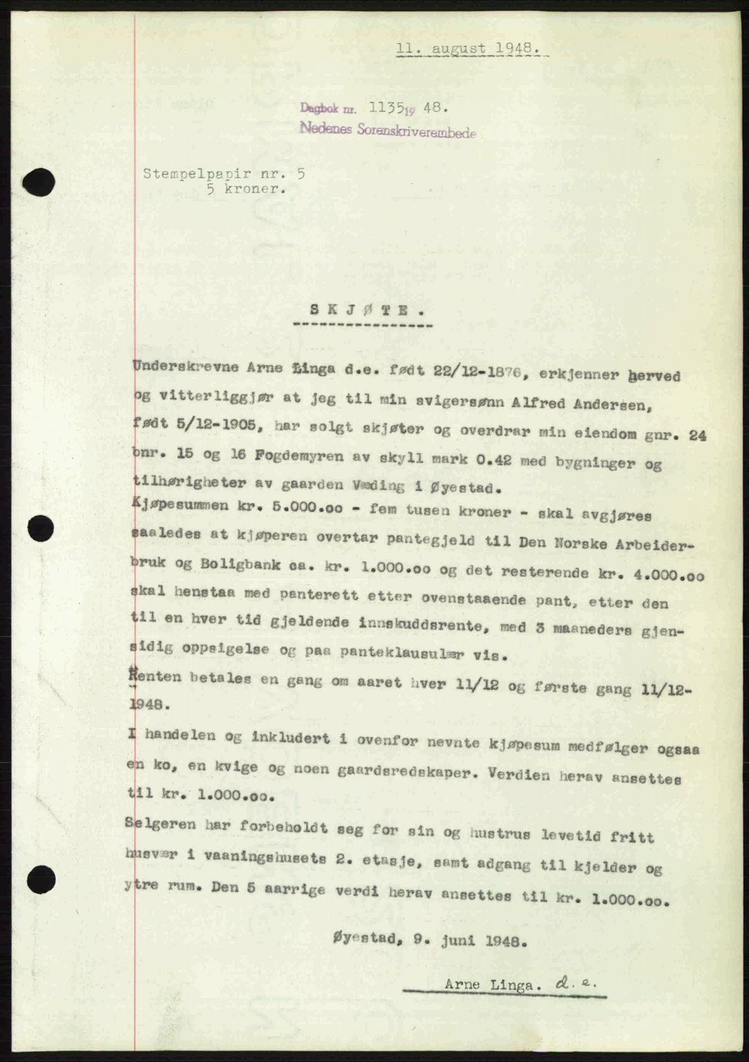 Nedenes sorenskriveri, SAK/1221-0006/G/Gb/Gba/L0059: Mortgage book no. A11, 1948-1948, Diary no: : 1135/1948