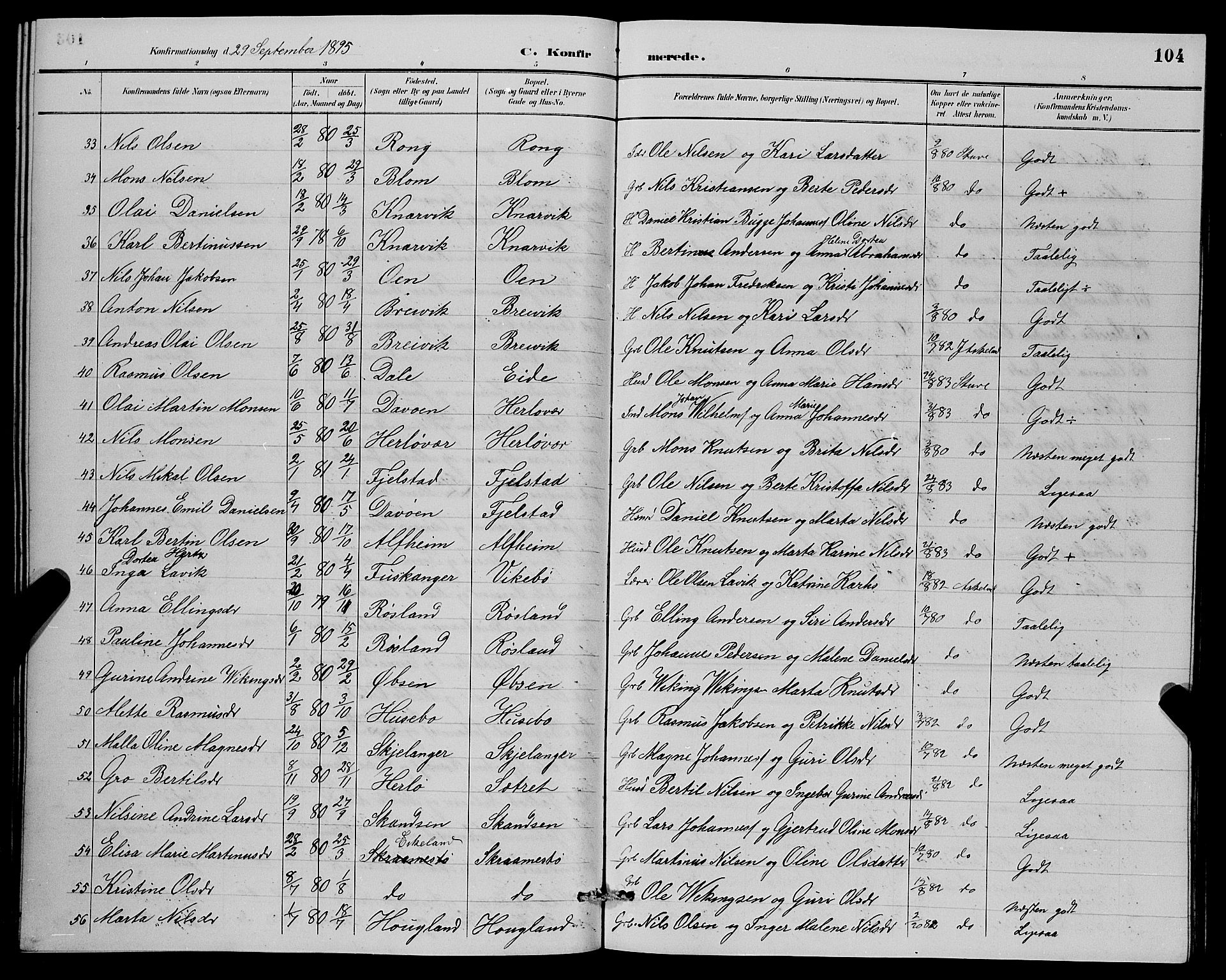 Herdla Sokneprestembete, SAB/A-75701/H/Hab: Parish register (copy) no. A 3, 1889-1899, p. 104