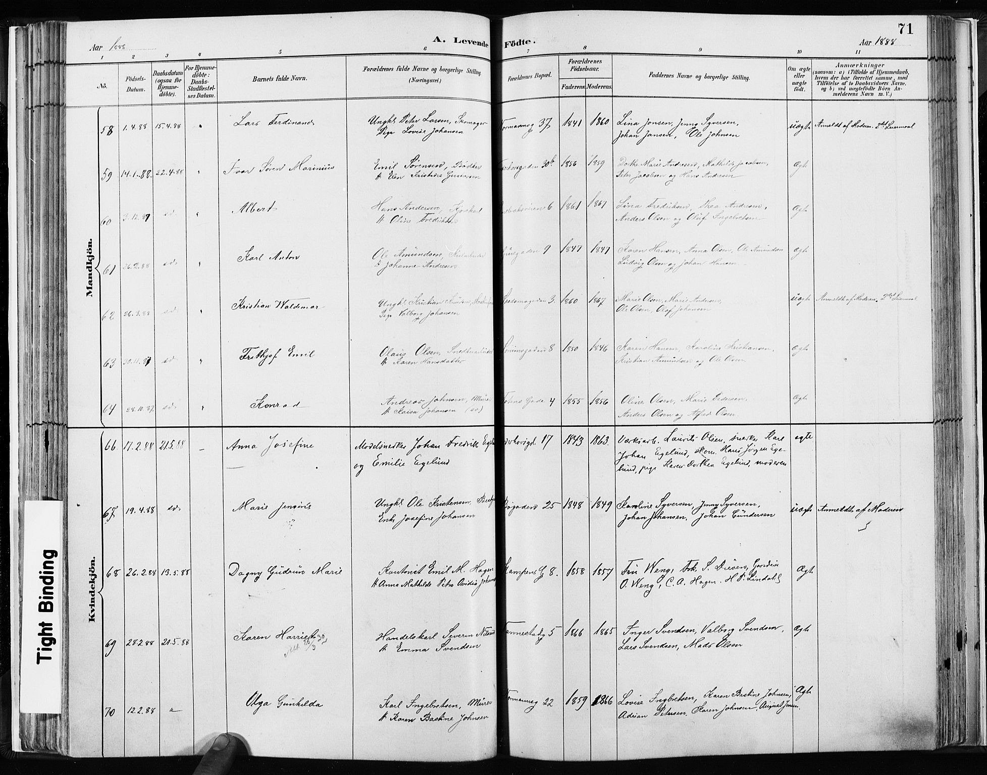 Kampen prestekontor Kirkebøker, AV/SAO-A-10853/F/Fa/L0003: Parish register (official) no. I 3, 1886-1892, p. 71