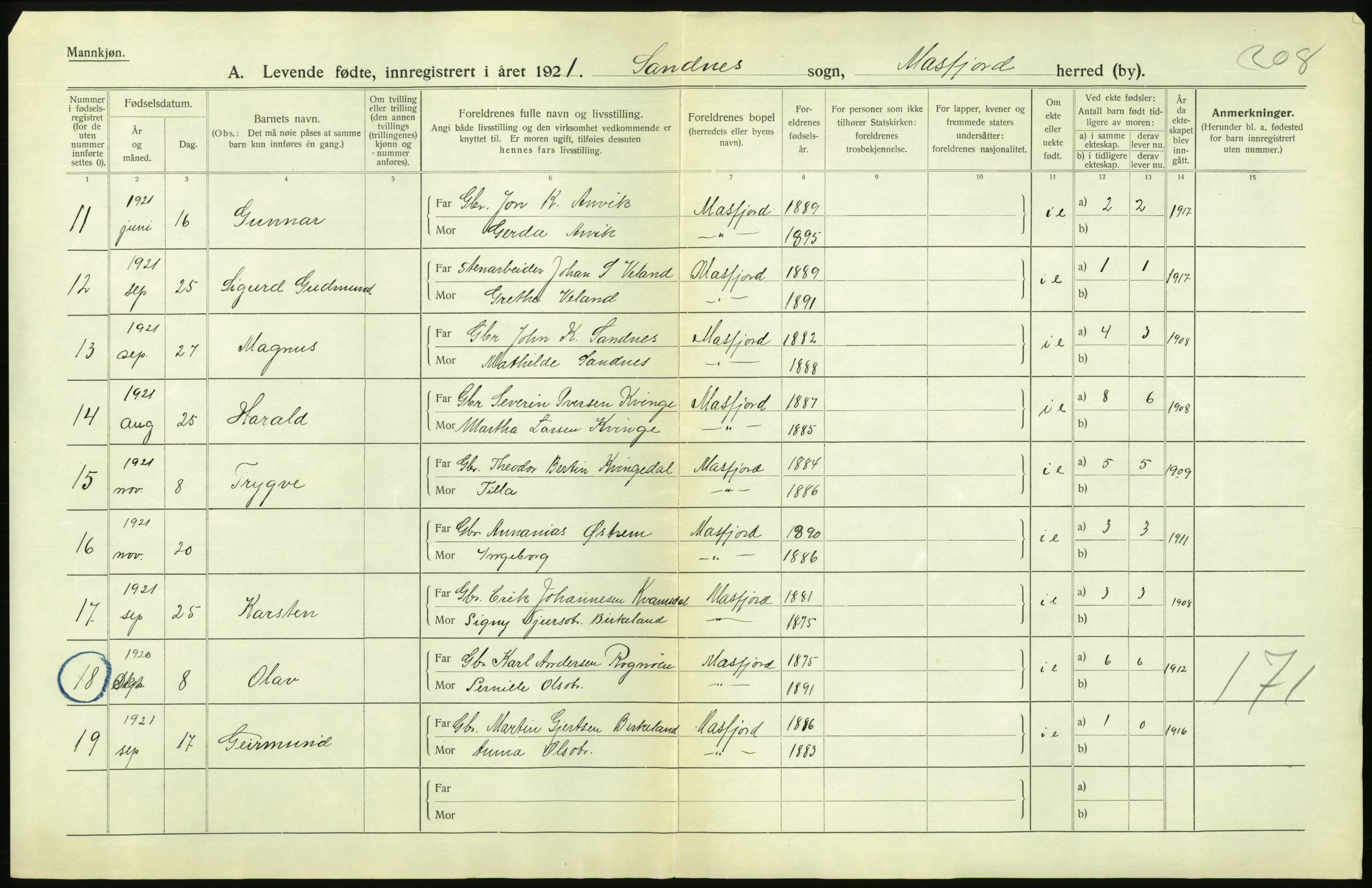 Statistisk sentralbyrå, Sosiodemografiske emner, Befolkning, AV/RA-S-2228/D/Df/Dfc/Dfca/L0031: Hordaland fylke: Levendefødte menn og kvinner. Bygder., 1921, p. 4