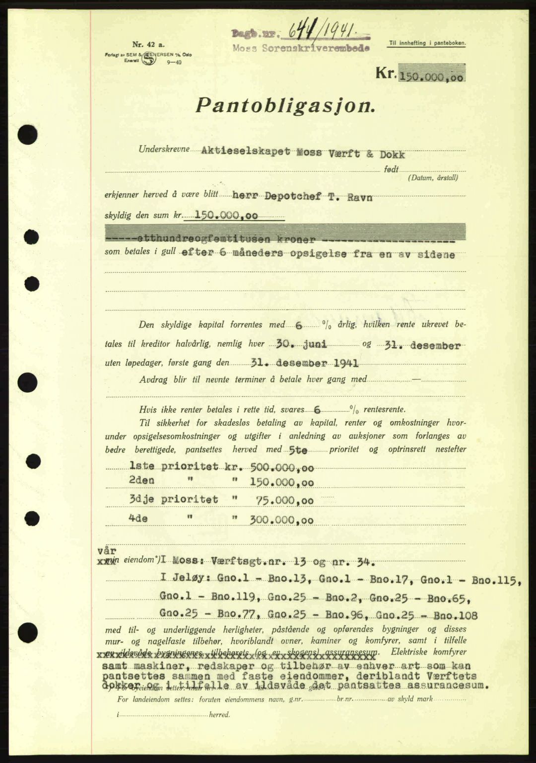 Moss sorenskriveri, SAO/A-10168: Mortgage book no. B10, 1940-1941, Diary no: : 641/1941