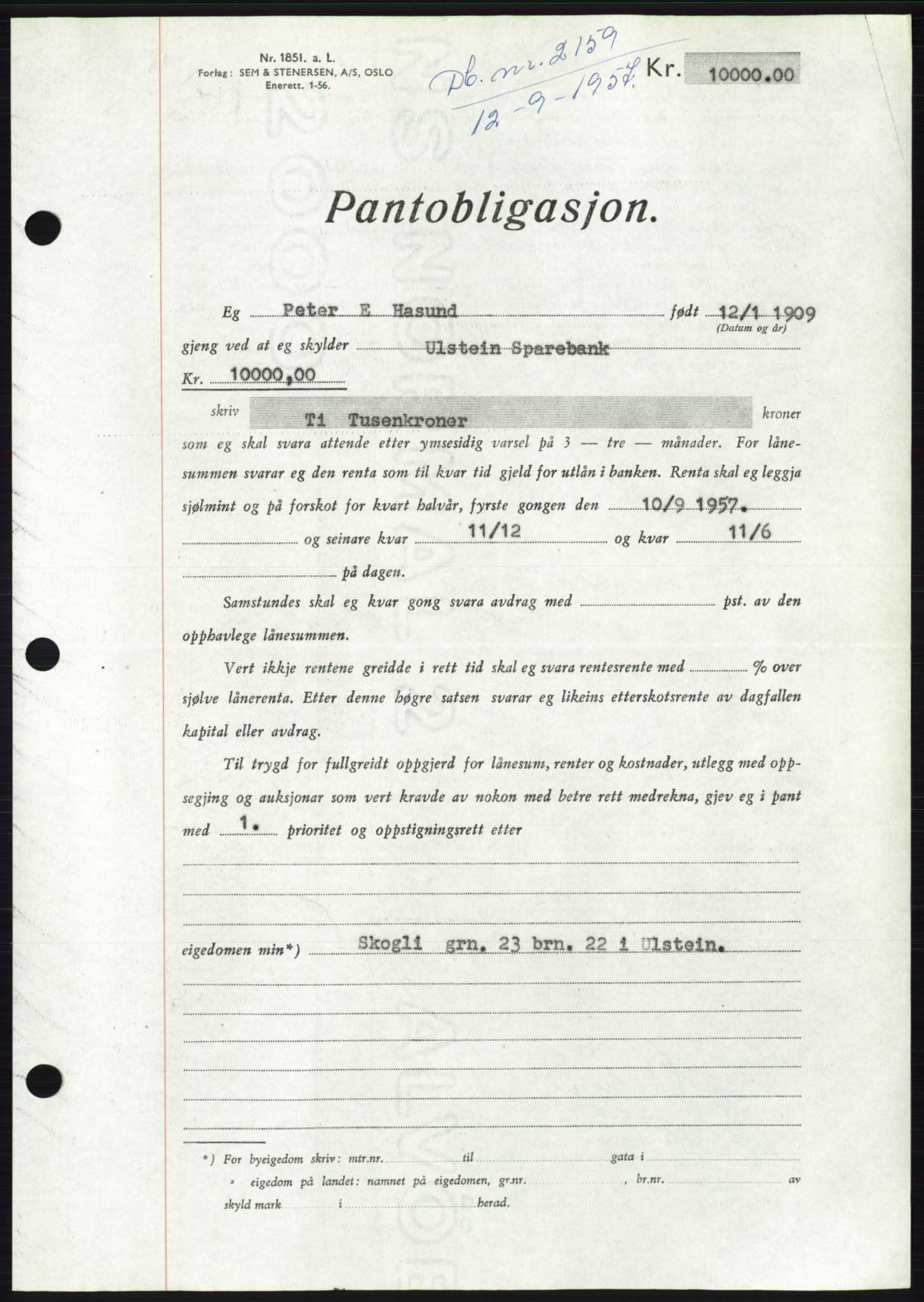 Søre Sunnmøre sorenskriveri, AV/SAT-A-4122/1/2/2C/L0130: Mortgage book no. 18B, 1957-1958, Diary no: : 2159/1957