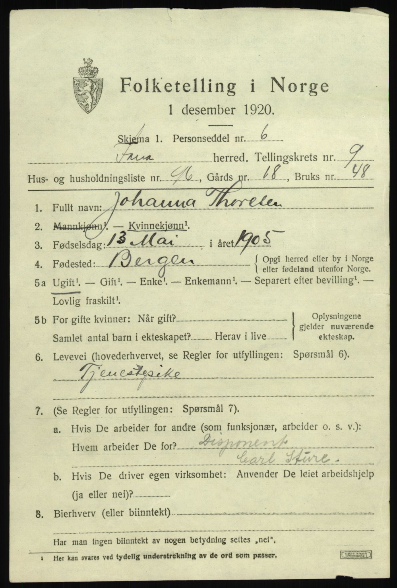 SAB, 1920 census for Fana, 1920, p. 16587