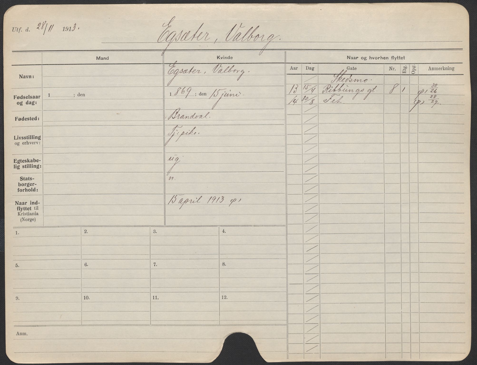 Oslo folkeregister, Registerkort, SAO/A-11715/F/Fa/Fac/L0014: Kvinner, 1906-1914, p. 36a