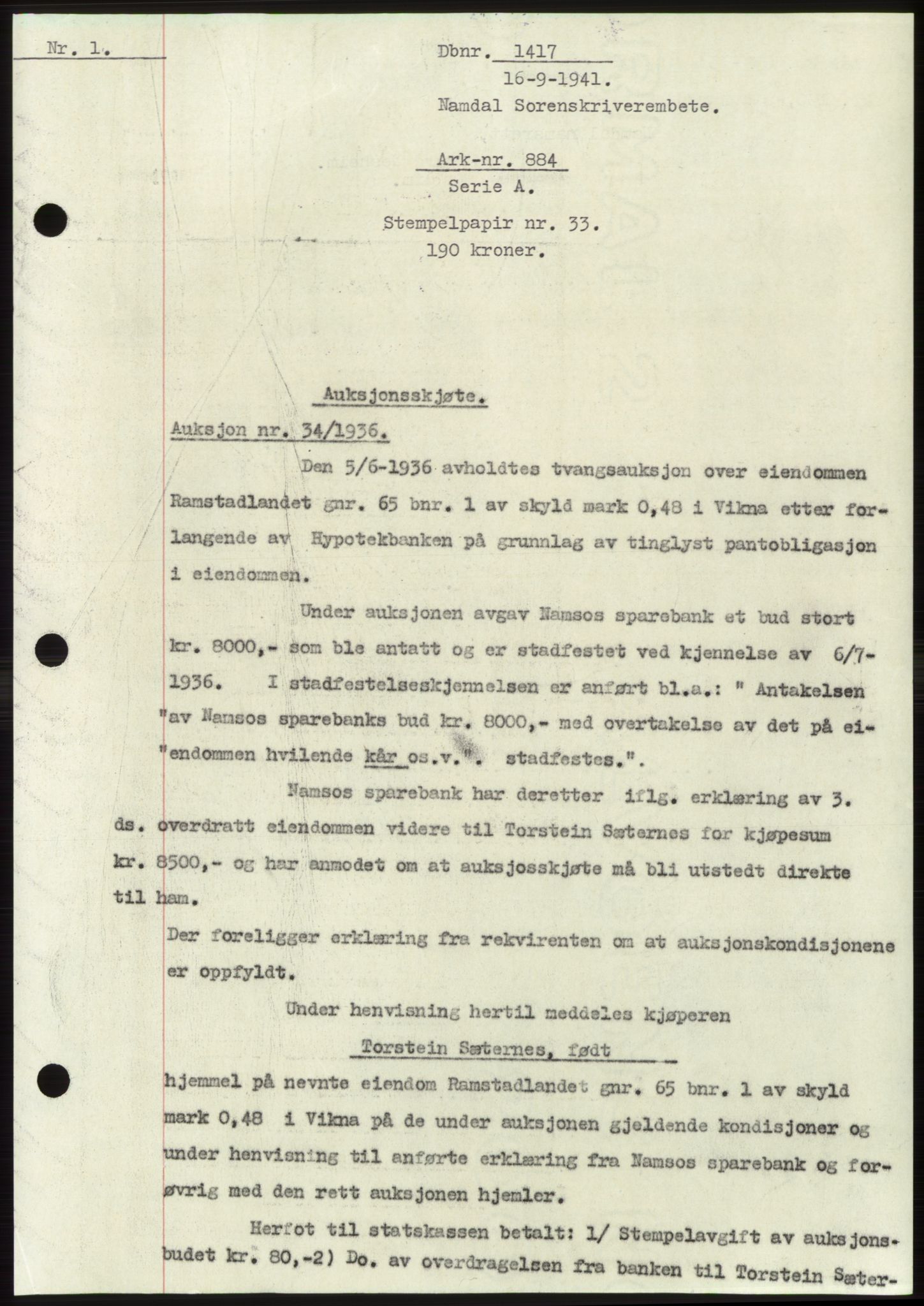 Namdal sorenskriveri, SAT/A-4133/1/2/2C: Mortgage book no. -, 1941-1942, Diary no: : 1417/1941